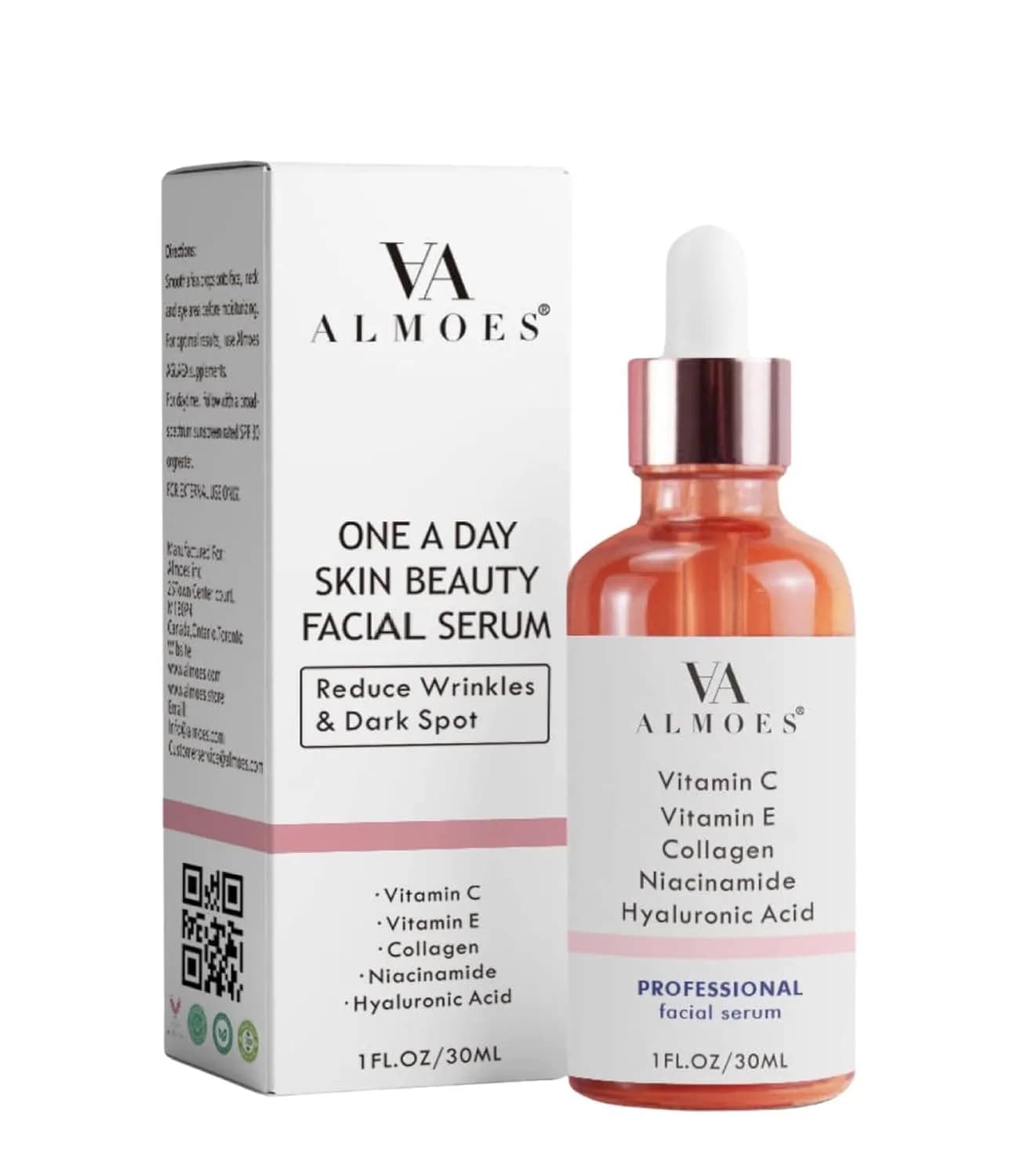 Revitalize your skin with the ALMOES SERUM, a potent blend of powerful ingredients designed to deliver comprehensive skincare benefits. Formulated with 20% Vitamin C, Alpha Arbutin, Polyglutamic Acid, Hyaluronic Acid, Vitamin E, and Collagen, this advanced serum works to minimize pores, brighten skin, and combat signs of aging, giving you a radiant and youthful complexion. Key Features High-Potency Vitamin C (20%) This serum is packed with a high concentration of Vitamin C, a powerful antioxidant that helps brighten the skin, reduce hyperpigmentation, and protect against environmental damage. Pore-Minimizing Alpha Arbutin Alpha Arbutin effectively reduces the appearance of pores and helps even out skin tone, giving your complexion a smoother, more refined look. Hydrating Polyglutamic Acid Known for its superior moisture-retaining abilities, Polyglutamic Acid keeps the skin hydrated and plump, enhancing overall skin texture and elasticity. Deeply Moisturizing Hyaluronic Acid Hyaluronic Acid provides intense hydration, helping to plump the skin and reduce the appearance of fine lines and wrinkles. Nourishing Vitamin E Vitamin E offers additional antioxidant protection, supporting skin repair and providing essential nourishment for a healthy glow. Collagen-Boosting Benefits Infused with Collagen, this serum helps improve skin firmness and elasticity, promoting a more youthful appearance. Brightening and Anti-Aging Formula The combination of these powerful ingredients works synergistically to brighten the skin, reduce dark spots, and diminish signs of aging, such as fine lines and wrinkles. Lightweight and Fast-Absorbing The serum’s lightweight, non-greasy formula absorbs quickly, making it suitable for all skin types, including sensitive and combination skin. Ingredients Vitamin C (20%) Alpha Arbutin Polyglutamic Acid Hyaluronic Acid Vitamin E Collagen Aqua (Water) Glycerin Propylene Glycol Phenoxyethanol Ethylhexylglycerin Directions for Use Apply a few drops of the serum to cleansed and toned skin, both morning and night. Gently massage into the face and neck until fully absorbed. Follow with your favorite moisturizer or sunscreen during the day. For use around the eyes, apply carefully to avoid direct contact with the eyes.
