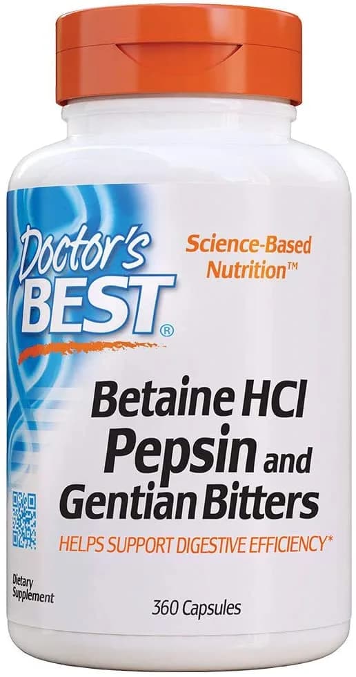 Doctor's Best Betaine HCI Pepsin & Gentian Bitters, Digestive Enzymes for Protein Breakdown & Absorption, Non-GMO, Gluten Free بيتين هيدروكلوريد وبيبسين و جنتيانا_ أنزيمات هضم البروتينات ، 360 كبسولة
