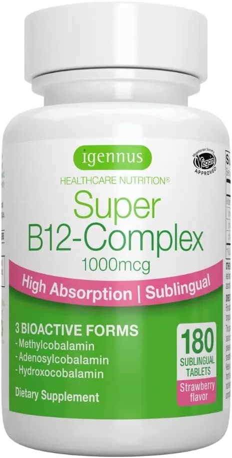 Igennus Super B12-Complex 1000mcg, Sublingual Vitamin B12, Methylcobalamin, Adenosylcobalamin & Hydroxocobalamin, Clean Label, High Absorption, 180 Servings