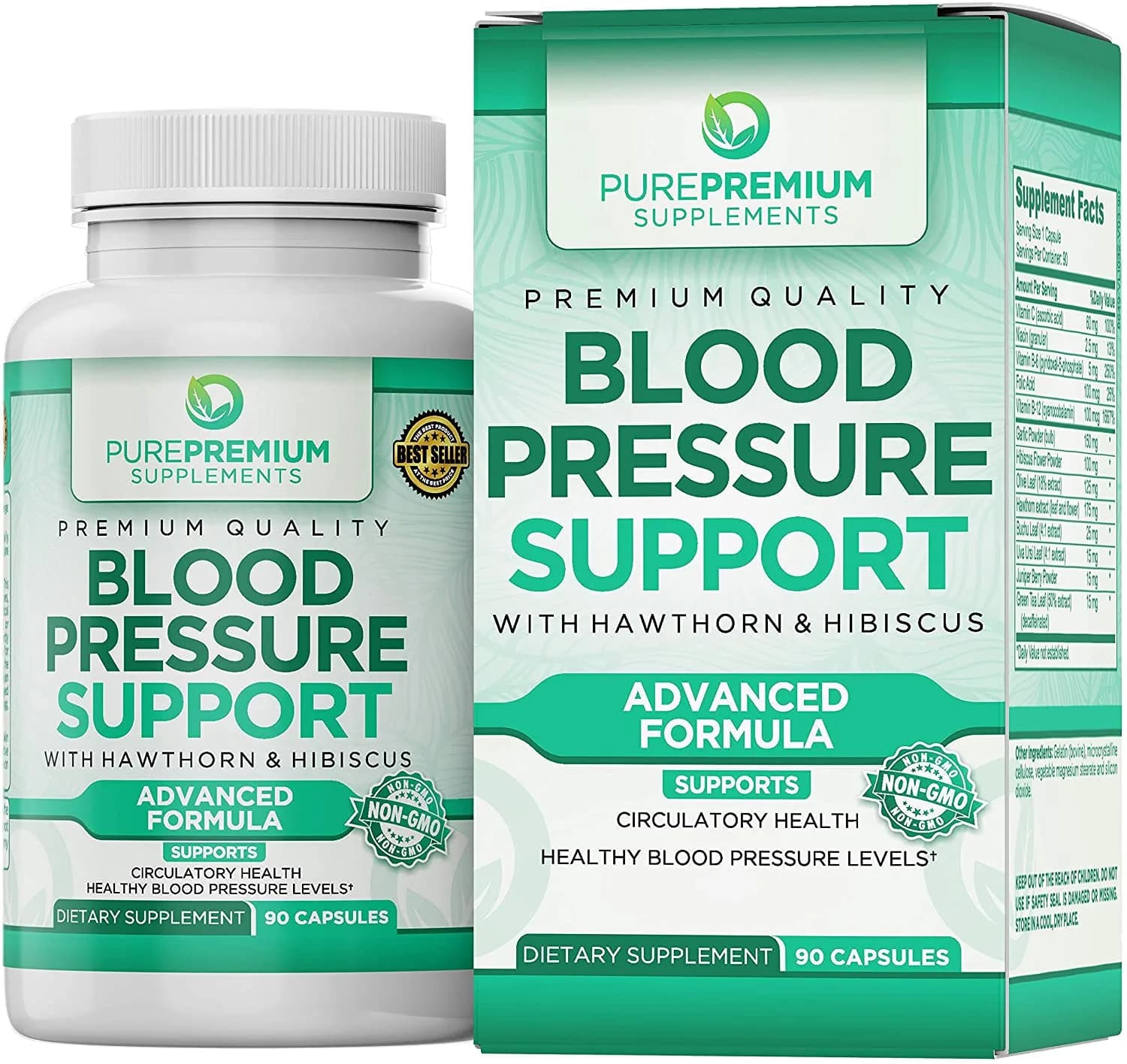 PurePremium Blood Pressure Support with Hawthorn & Hibiscus - for Cardiovascular & Circulatory Health - 90 Capsules