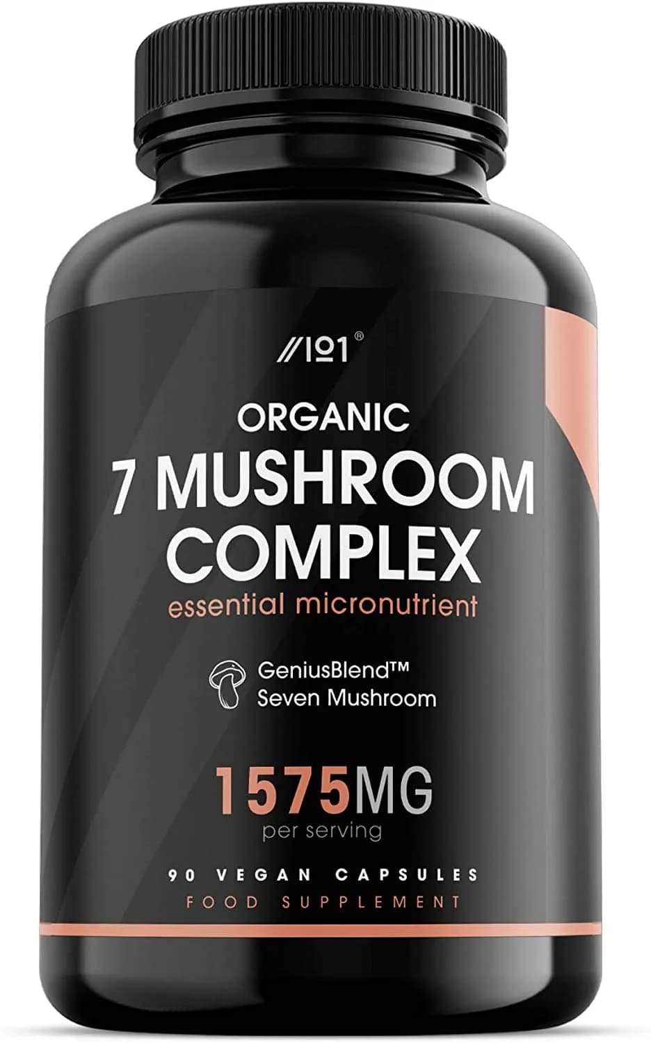 ALPHA01 Organic Seven Mushroom Complex Capsules - 1575mg - GeniusBlend® Synergistic Formula, 90 Vegan Capsules - No Additives — Non-GMO, Gluten Free خليط من سبع فطريات عيش الغراب العضوى 1575 مجم ، بدون إضافات ، 90 كبسولة نباتية
