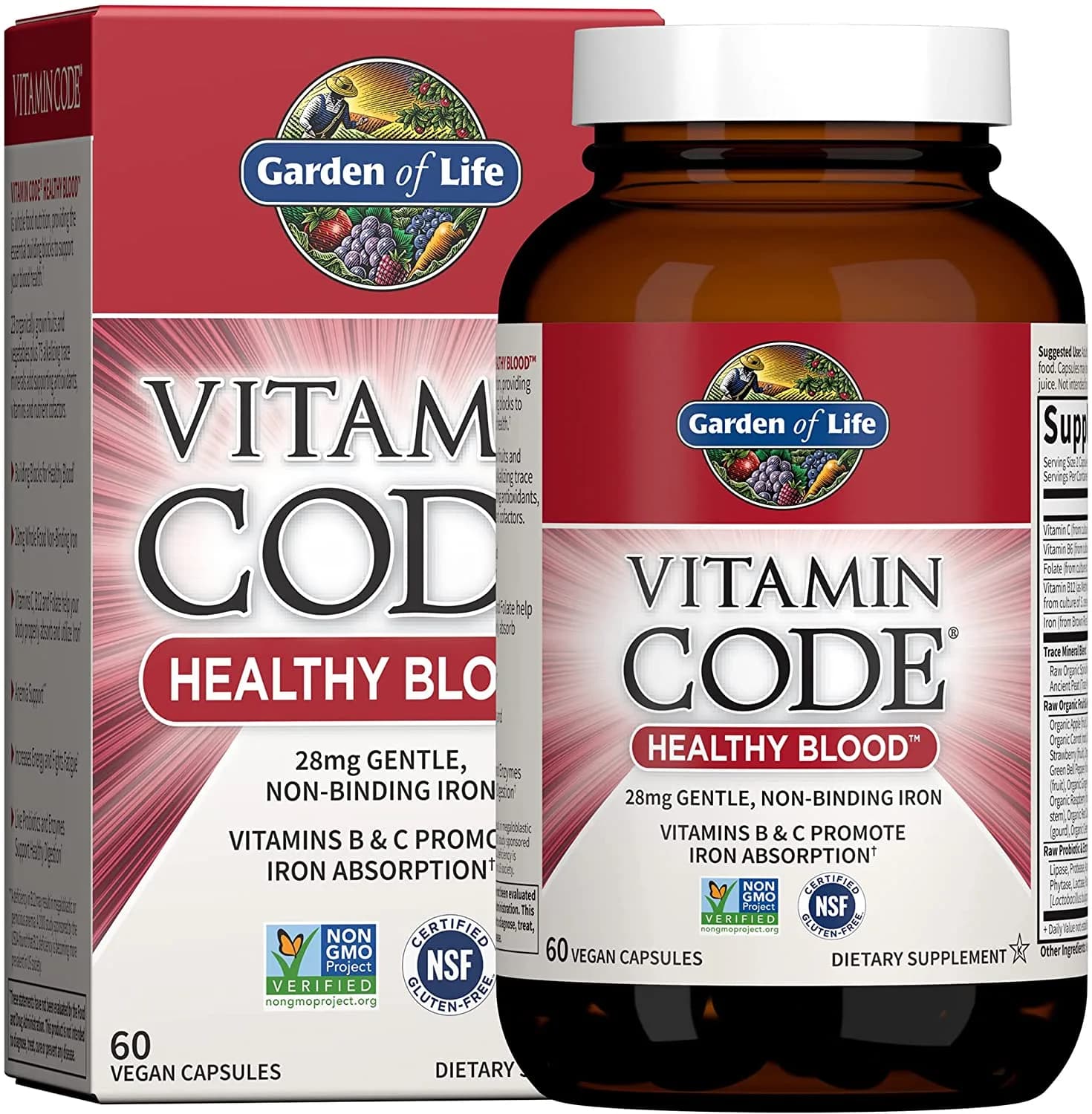 Garden of Life Vitamin Code Iron Supplement, Healthy Blood - 60 Vegan Capsules, 28g Iron, Vitamins B, C, Trace Minerals, Fruit Veggies & Probiotics, Iron Supplements for Women Energy & Anemia Support جاردن اوف لايف فيتامين كود لصحة الدم حديد وفيتامين ب وفيتامين سي ومعادن ومستخلص الفاكهه العضوية والبروبيوتك لدعم الطاقة ولعلاج فقر الدم 60 كبسولة نباتية