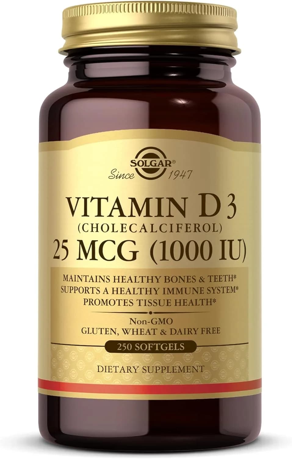 Vitamin D3 (Cholecalciferol) (1000 IU), 25 mcg, 250 Softgels by Solgar
