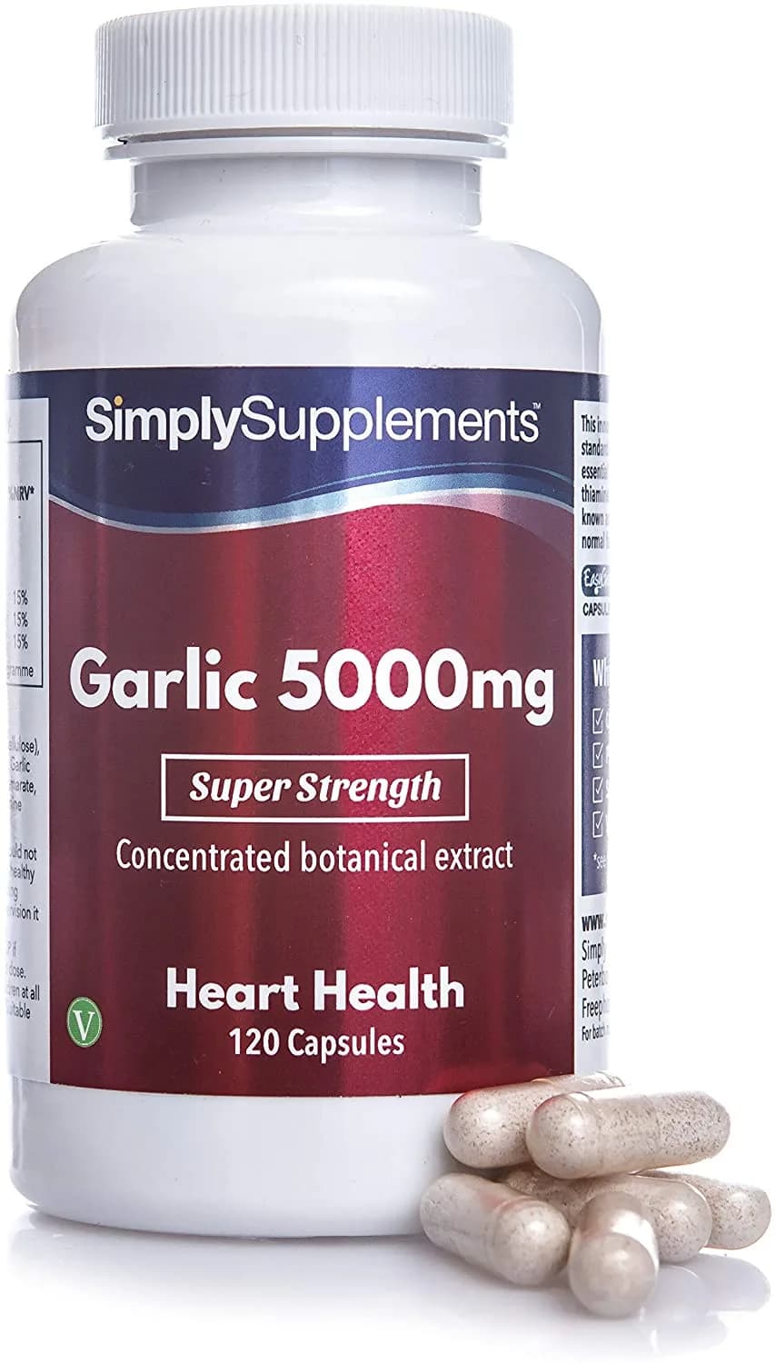 SimplySupplements Garlic Capsules for Healthy Heart & Circulation | High Strength Formula Provides 5000mg per Capsule | Vegan & Vegetarian Friendly | 120 Capsules كبسولات الثوم عديمة الطعم و عالى التركيز 5,000 مجم للكبسولة ، لصحة القلب والأوعية الدموية ولصحة الجهاز المناعى ، 120 كبسولة