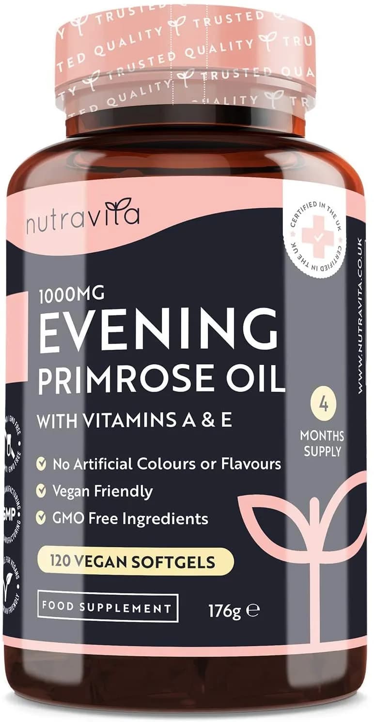 Vegan Cold Pressed Premium Evening Primrose Oil 1000mg - 120 High Strength Capsules - Rich Source of Omega 6 & GLA with Vitamin A & Vitamin E - Maintenance of Normal Skin - Made by Nutravita