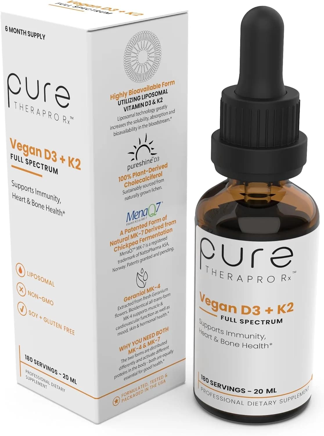 Pure Therapro Rx Vegan D3 + K2 Organic 100% Liposomal | 180 Servings | Maximum Absorption Vitamin D3 and Vitamin K2 Supplements for Men and Women, D3 Vitamin 5000 IU, Liquid Vitamin D3 with K2-20 mL