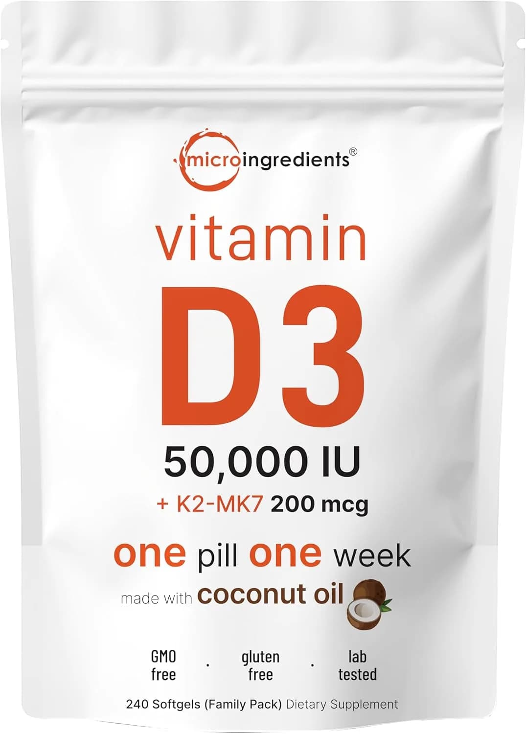 Vitamin D3 +K2 200 mcg, 50000 IU, 240 Softgels by Micro Ingredients