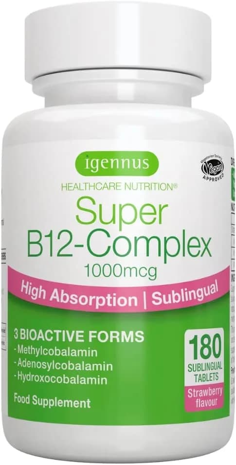 Super B12-Complex 1000mcg, High Absorption Sublingual Vitamin B12 in Three Bioactive Forms with Methylcobalamin, Vegan, 180 Tabletsايجنس فيتامين ب12، 1000 ميكروجرام لدعم إنتاج الطاقة من التمثيل الغذائى،180 كبسولة سريعة الذوبان بطعم الفراولة، 180 جرعة نباتية
