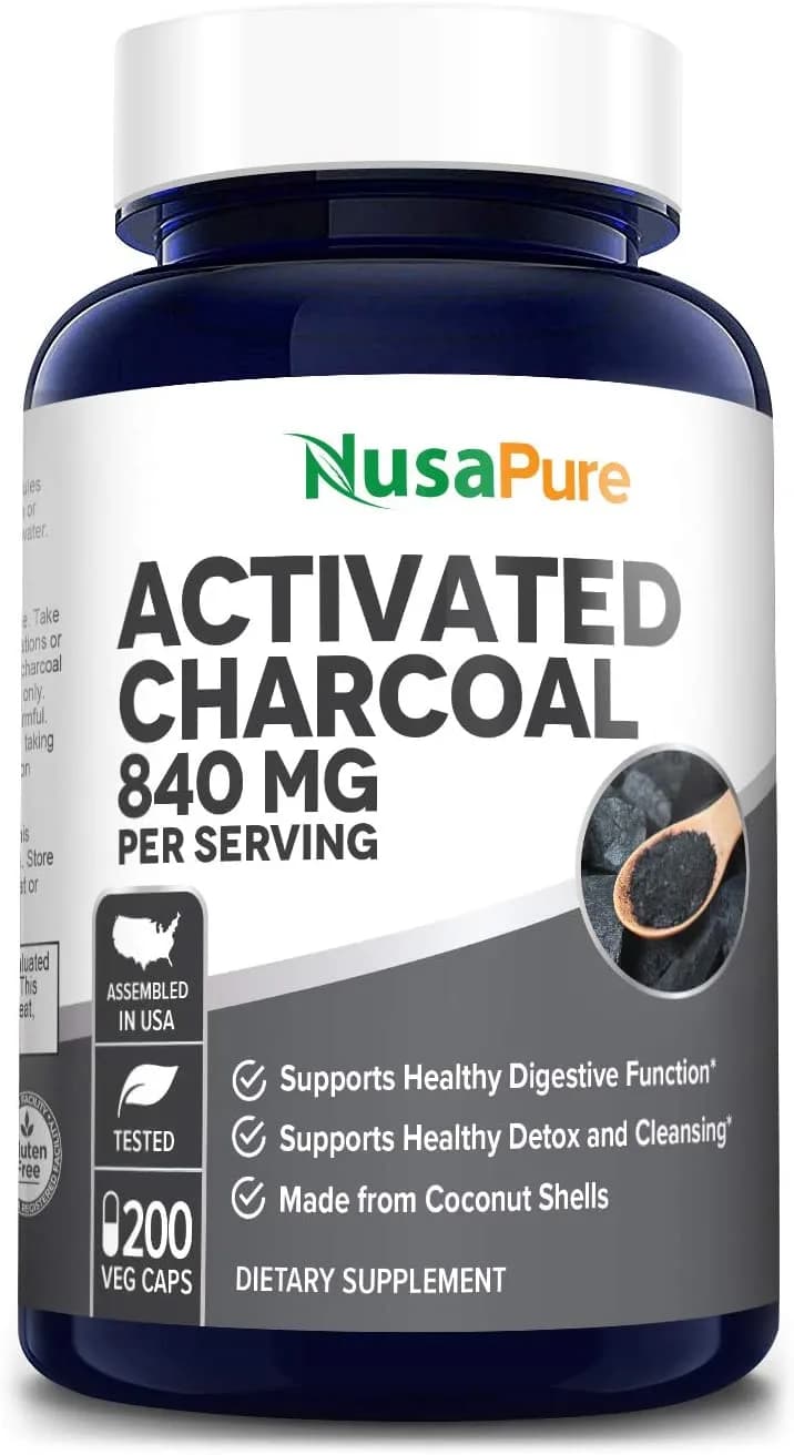 Activated Charcoal Support for Healthy Digestion, 840 mg, 200 Capsules by Nusapure