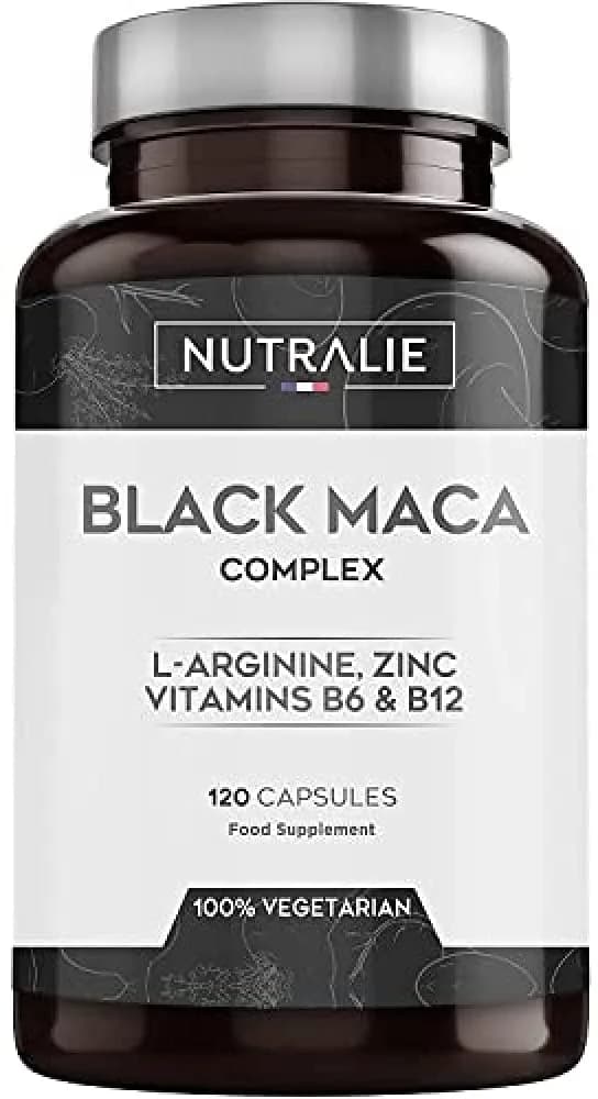 NUTRALIE Black Maca Equivalent to 24,000mg per dose of 1200mg with L-Arginine, Zinc and Vitamins B6 B12 | 120 Maca Vegetarian Capsules Highly Concentrated 20:1