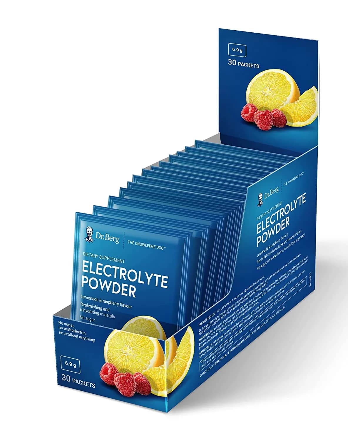 Dr. Berg's Electrolyte Powder Packets - Travel Size Hydration Drink Mix Supplement -13x Potassium - Boost Energy & Keto-Friendly - NO Maltodextrin, Sugar & Carb-Free - Raspberry Lemon Flavor 30 Countsدكتور بيرج ، مسحوق الالكتروليت ، لتوليد الطاقة وتجديد الخلايا ، بطعم الليمون والراسبيرى الطبيعى، 30 جرعة