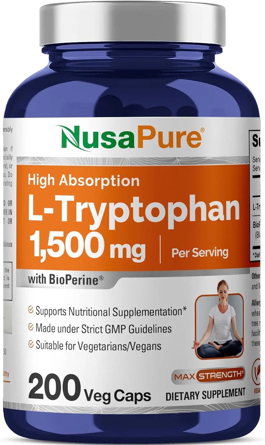 Nusapure L-Tryptophan, 1500 mg, 200 Capsules by Nusapure