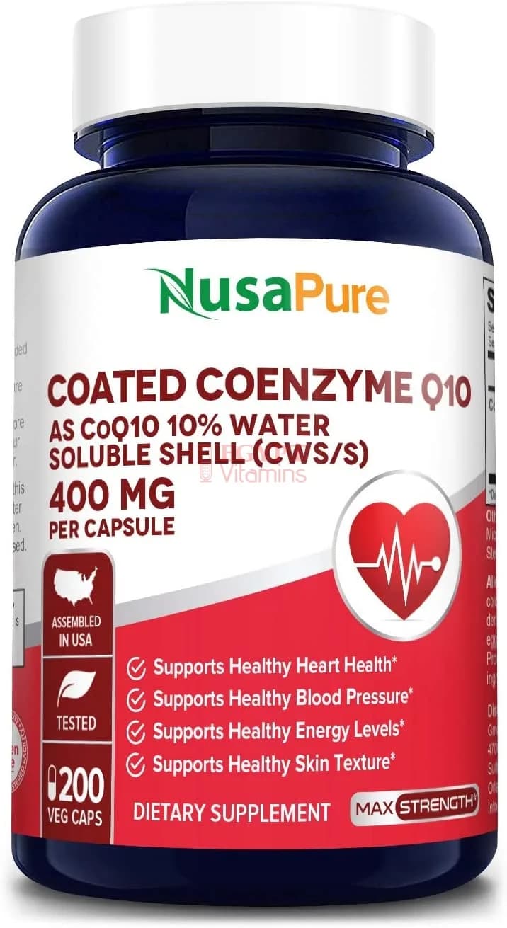 Nusapure CoQ10 10% CWS 400 mg 200 Veggie Caps - Coenzyme Q10 Supplement Pills, Antioxidant CO Q-10 Enzyme, Coq 10 for Healthy Blood Pressure & Heart كيو 10 ، 400 مجم ، لصحة القلب وضغط الدم والمخ ، 200 كبسولة نباتية