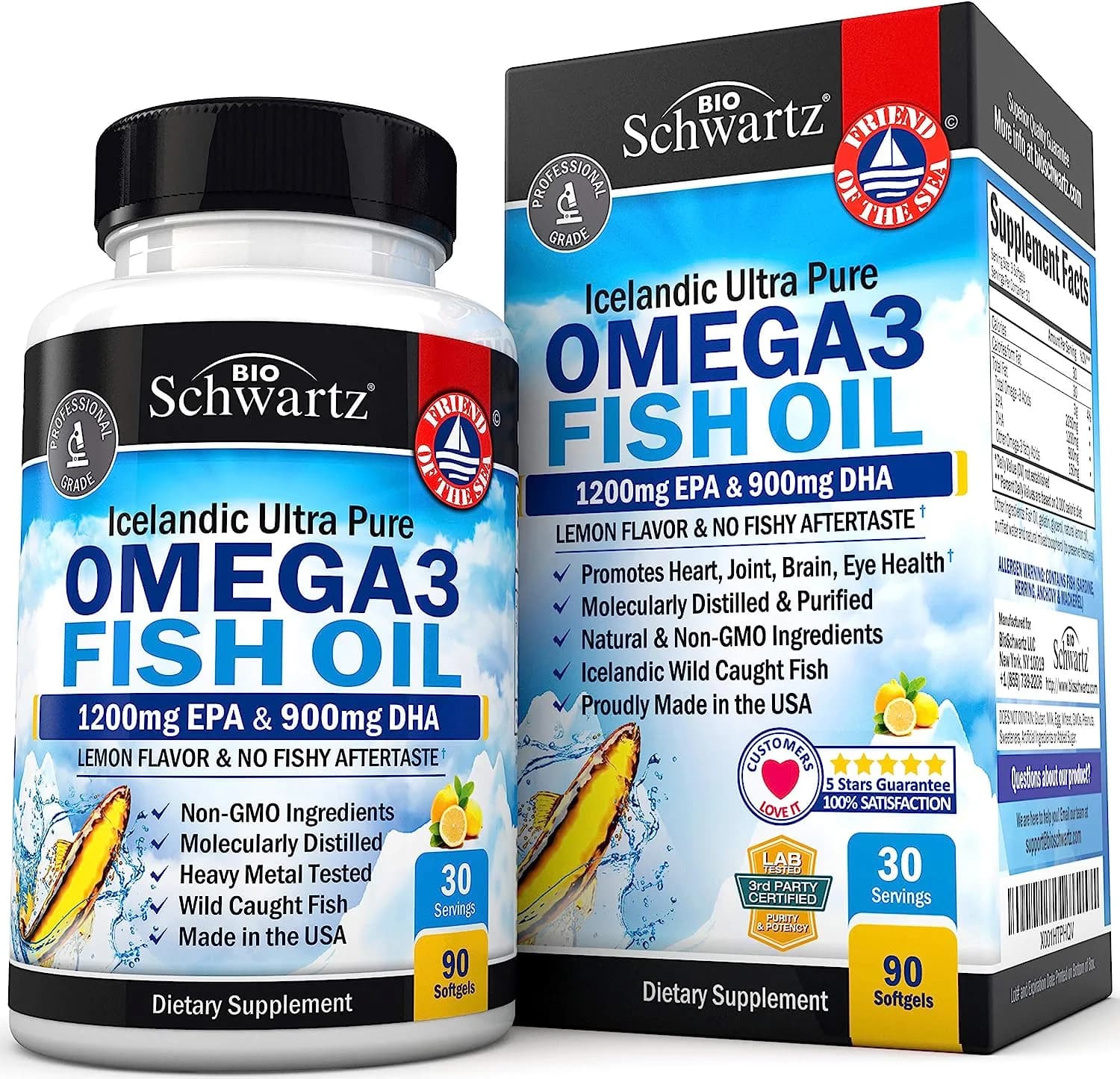 Omega 3 Fish Oil Supplement - 1200mg EPA and 900mg DHA Fatty Acid Per Serving from Wild Caught Fish - Supports Joint, Eyes, Brain & Skin Health - Burpless Lemon Flavor , 90 Softgels