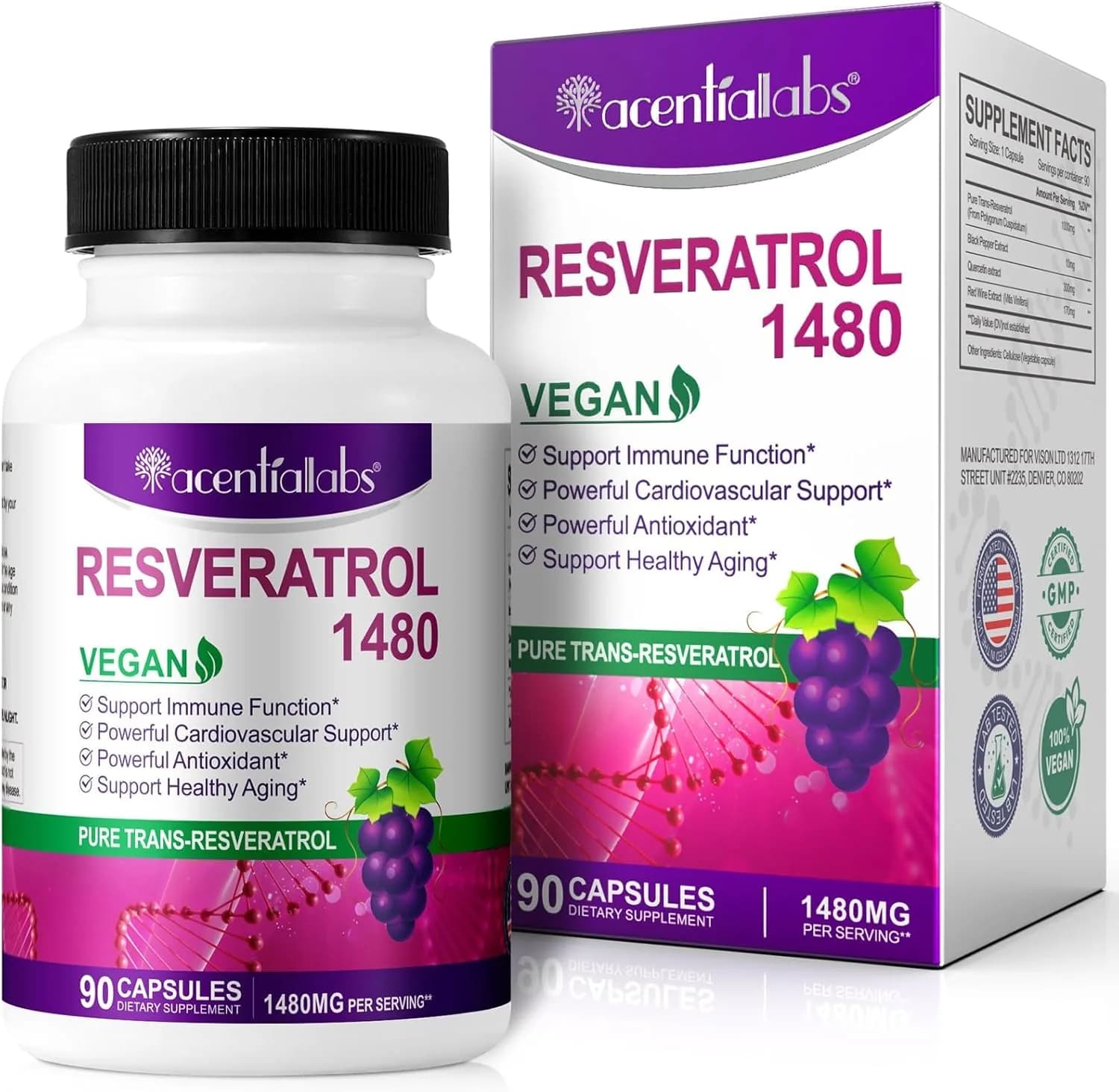 Trans-Resveratrol 1000mg | 1480mg Complex | Healthy Aging | 90 Veggie Capsules