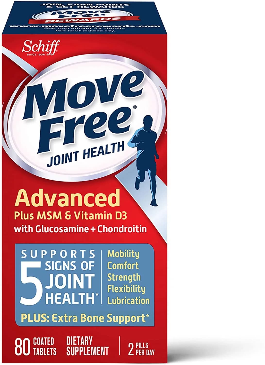 Move Free Advanced Glucosamine Chondroitin MSM Vitamin D3 and Hyaluronic Acid Joint Supplement, 80 count موفى فرى ، لصحة المفاصل خليط من الجلوكوزامين و الكوندرويتين وفيتامين د3 وحمض الهيالورونيك ، 80 حباية