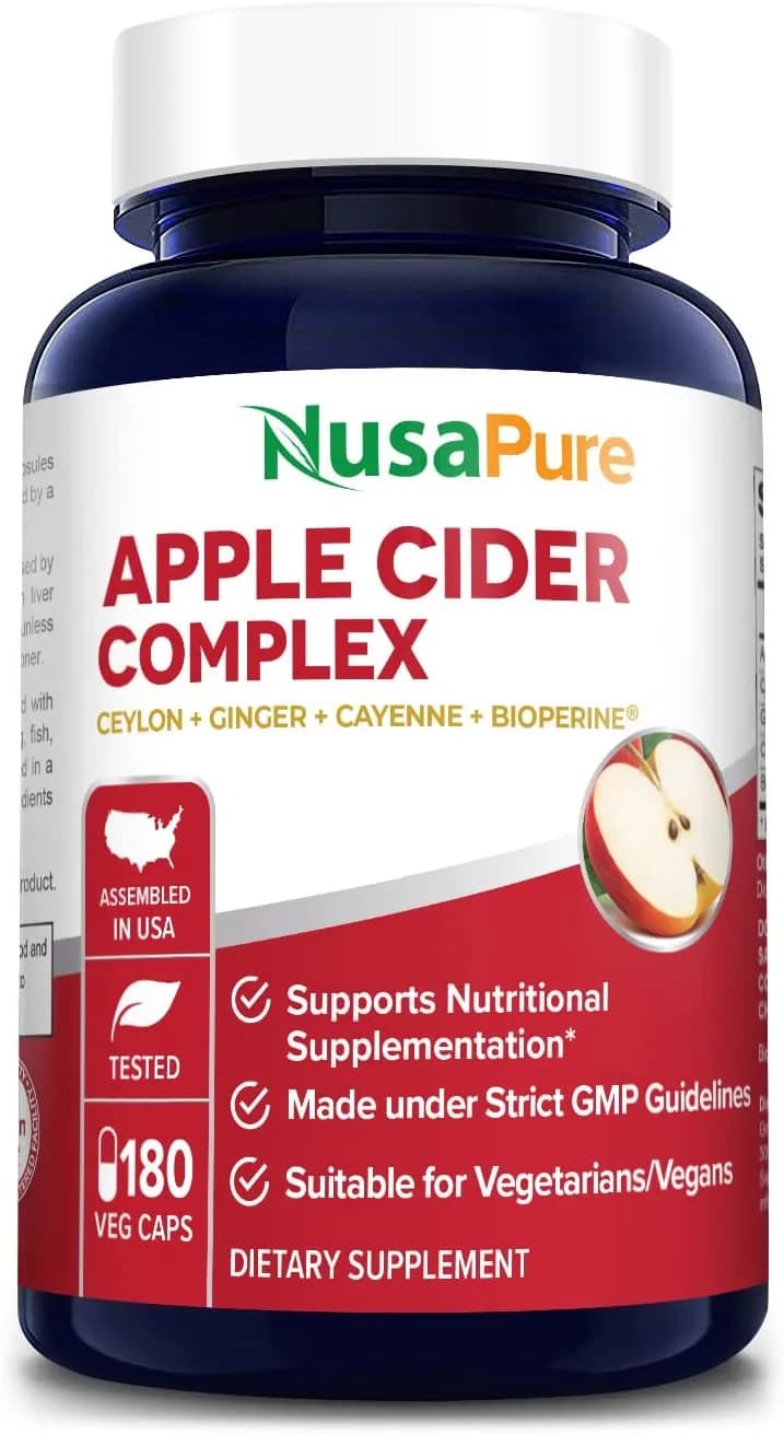 NusaPure Apple Cider Vinegar Complex, Organic ACV,Ceylon Cinnamon, Organic Ginger, Bioperine,180 Capsules