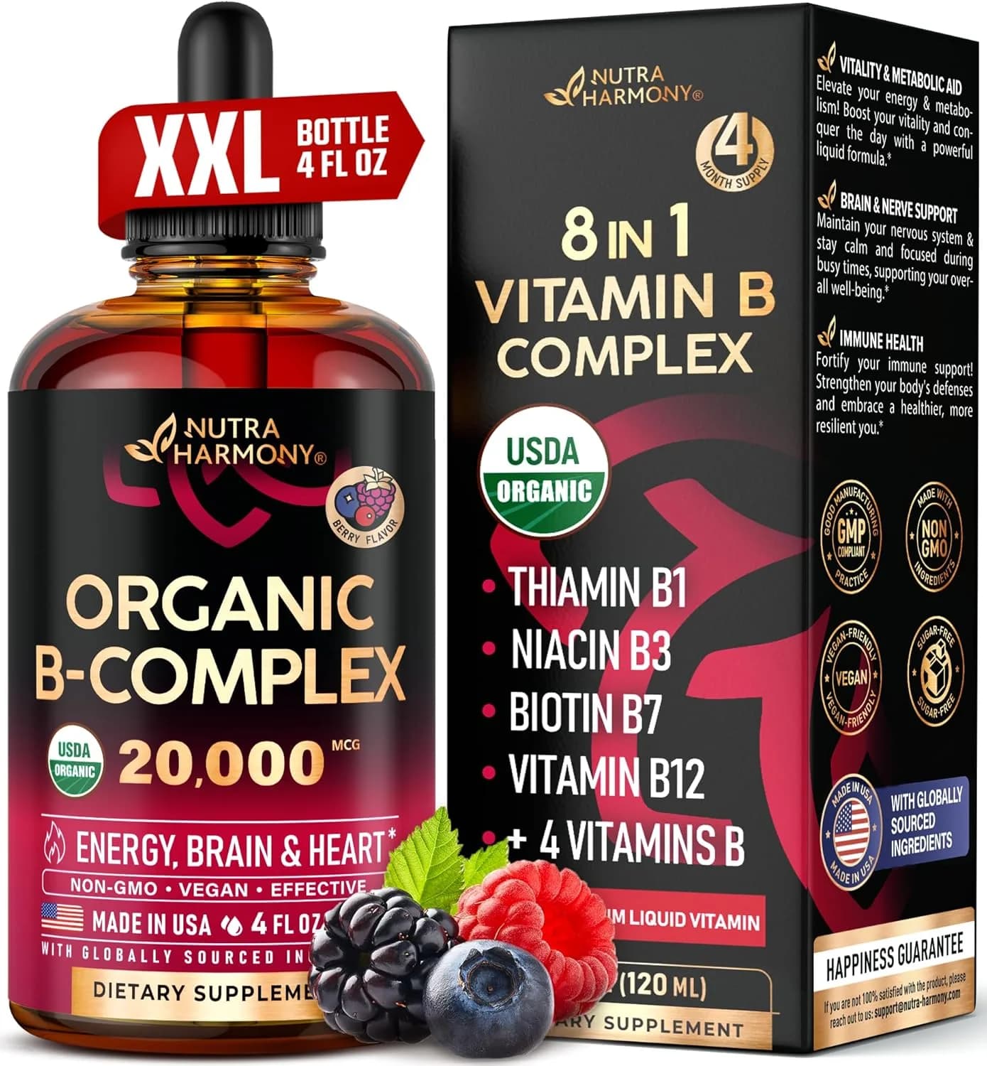NUTRAHARMONY Organic Vitamin B-Complex Liquid Drops, 4fl oz