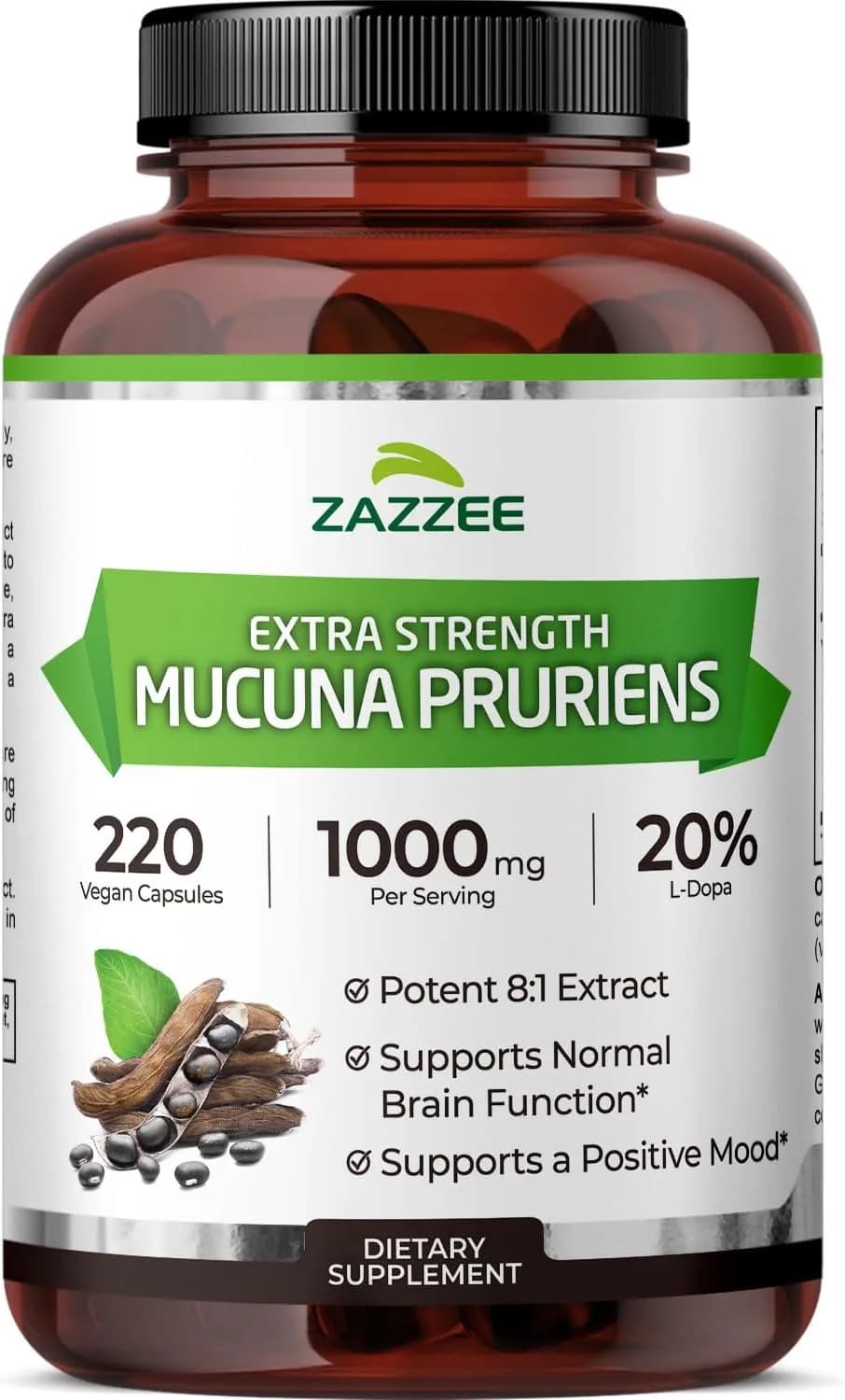 Zazzee Extra Strength Mucuna Pruriens 8:1 Extract, Minimum 20% L-Dopa, 1000 mg, 220 Vegan Capsules
