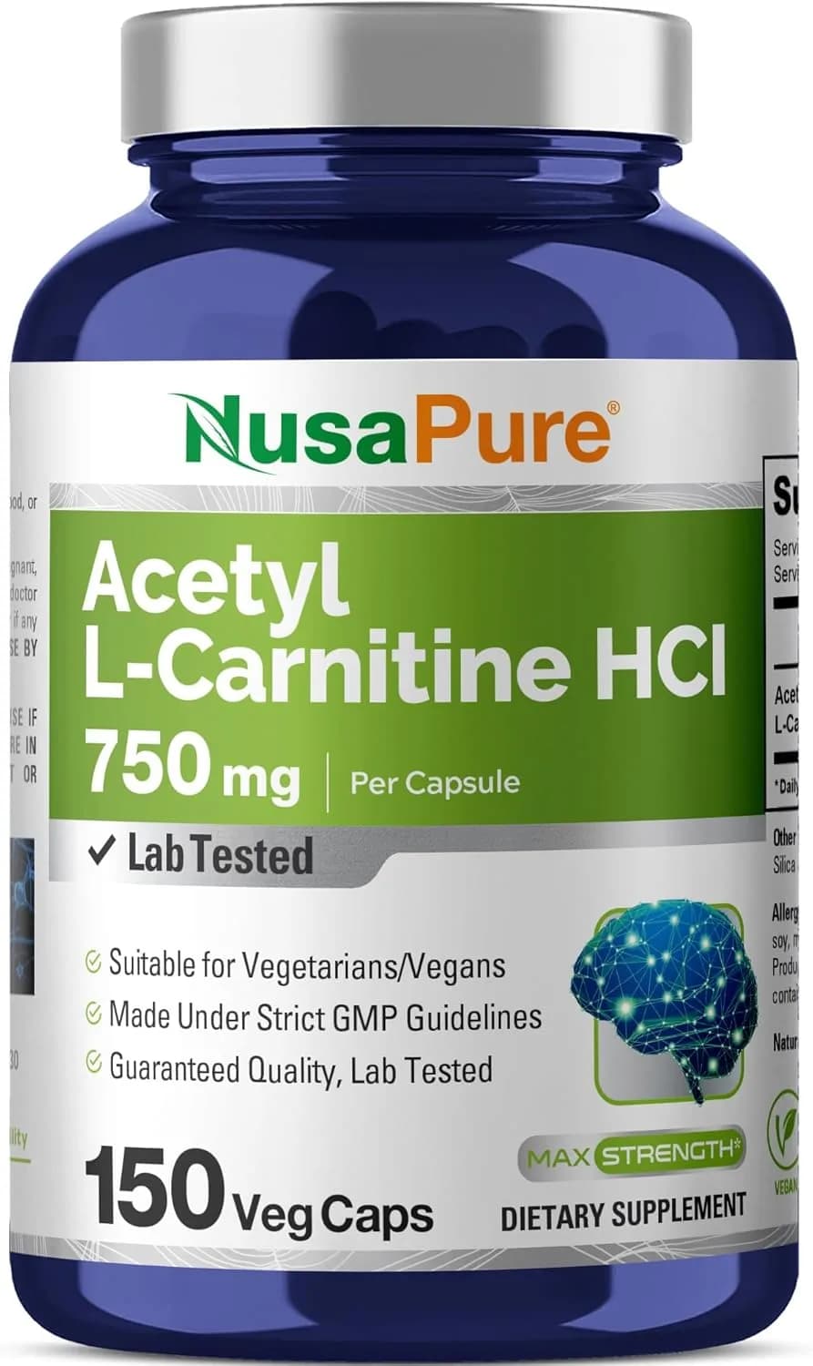 Acetyl L-Carnitine, 750 mg, 150 Capsules by Nusapure