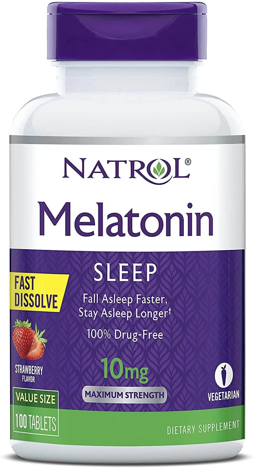 Natrol Melatonin Fast Dissolve Tablets, Helps You Fall Asleep Faster, Stay Asleep Longer, Easy to Take, Dissolves in Mouth, Faster Absorption, Maximum Strength, Strawberry Flavor, 10mg, 100Count نيترول، ميلاتونين سريع الذوبان، للسقوط فى النوم بسرعة، وتظل نائما فترة أطول، يذوب في الفم، وسريع الامتصاص، عالى تركيز 10 مجم، 100 قطعة بطعم الفراولة