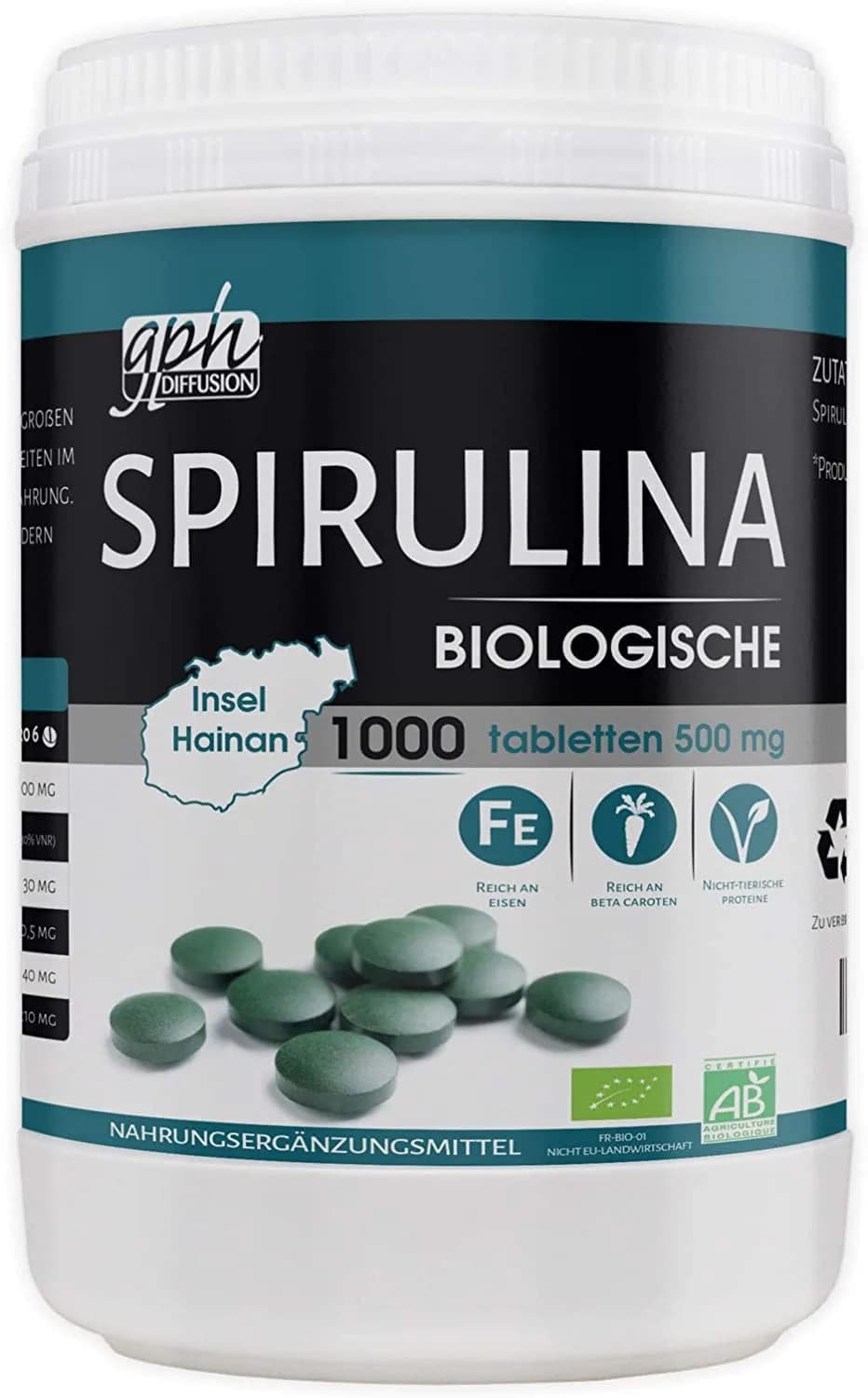 GPH Organic Spirulina per Tablet, 500 mg, 1000 Tablets by GPH Diffusion