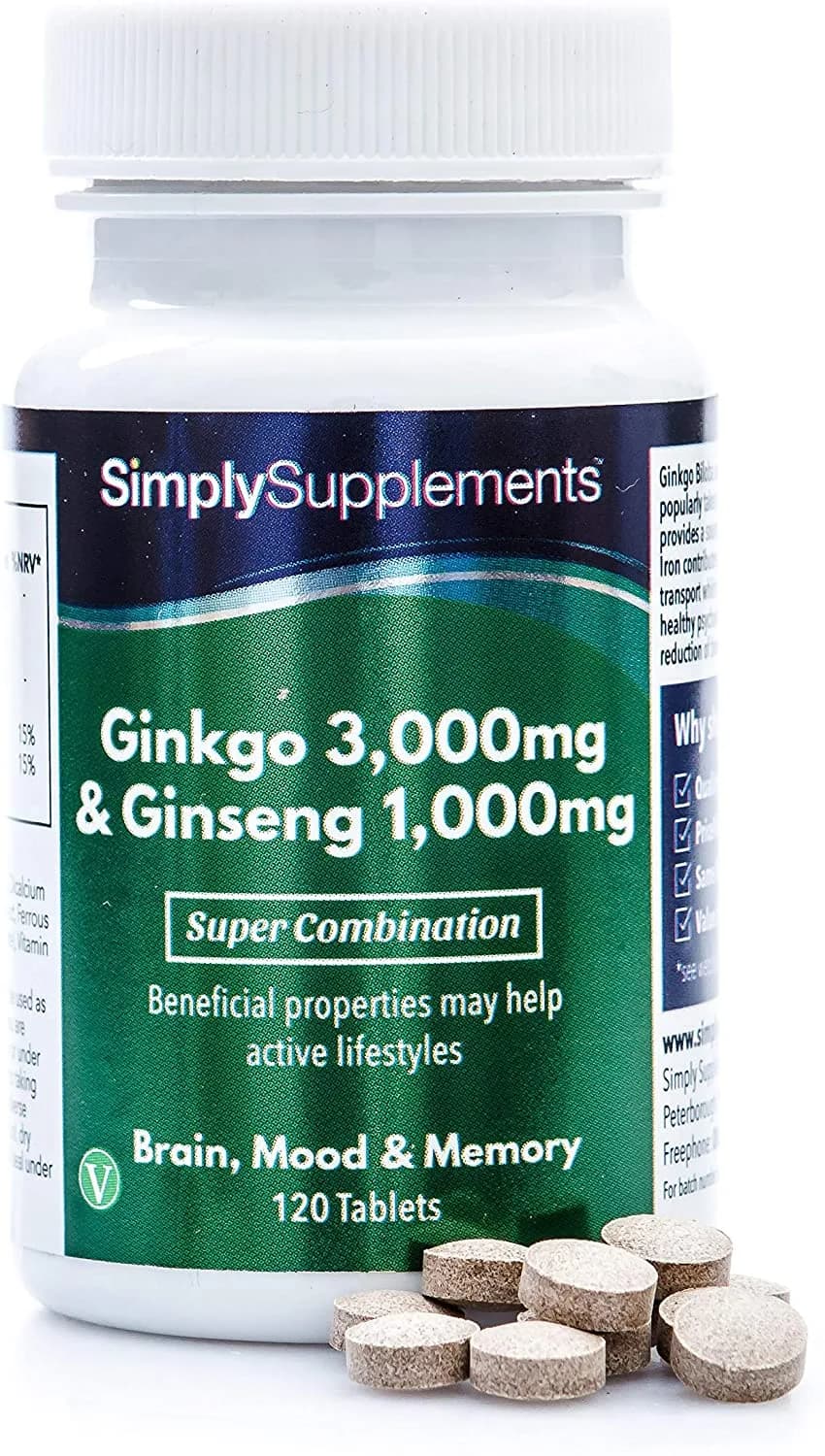Simply Supplements Ginkgo Biloba & Korean Ginseng | Supports Mental Performance & Helps with Circulation | Vegan & Vegetarian Friendly | 120 Tablets | Manufactured in The UK سمبل سبلايمنتس خليط نباتى من الجانكجو بيلوبا 3000 مجم والجنسنج 1000 مجم لدعم صحة المخ والذاكرة والمزاج 120 حباية
