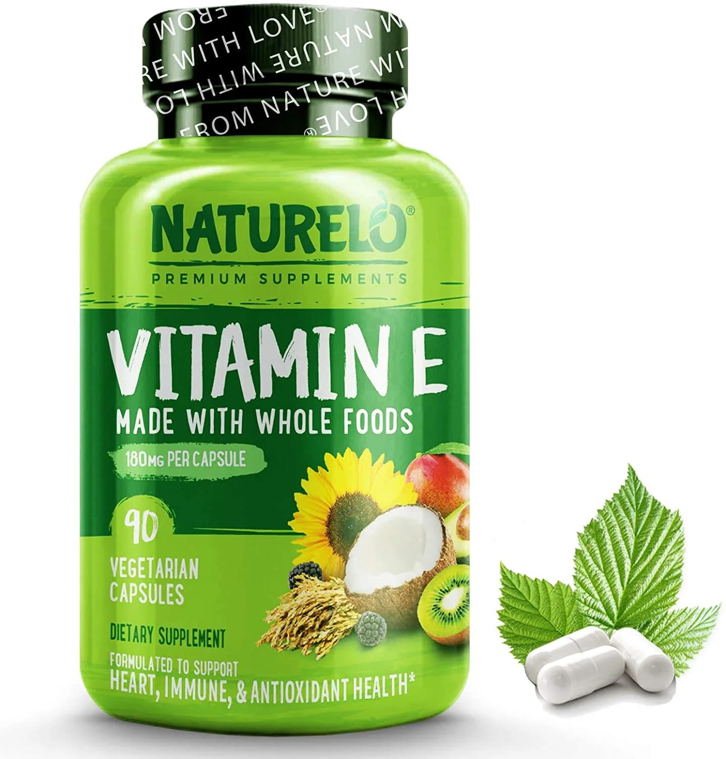 NATURELO Vitamin E - 180 mg (300 IU) of Natural Mixed Tocopherols from Organic Whole Foods - Supplement for Healthy Skin, Hair, Nails, Immune & Eye Health - Non-GMO, Soy Free - 90 Vegan Capsules فيتامين ھ 180 مجم ، خليط طبيعى من أطعمة عضوية ، لصحة الجهاز المناعى والعين ولصحة البشرة والأظافر والشعر ، 90 كبسولة نباتية