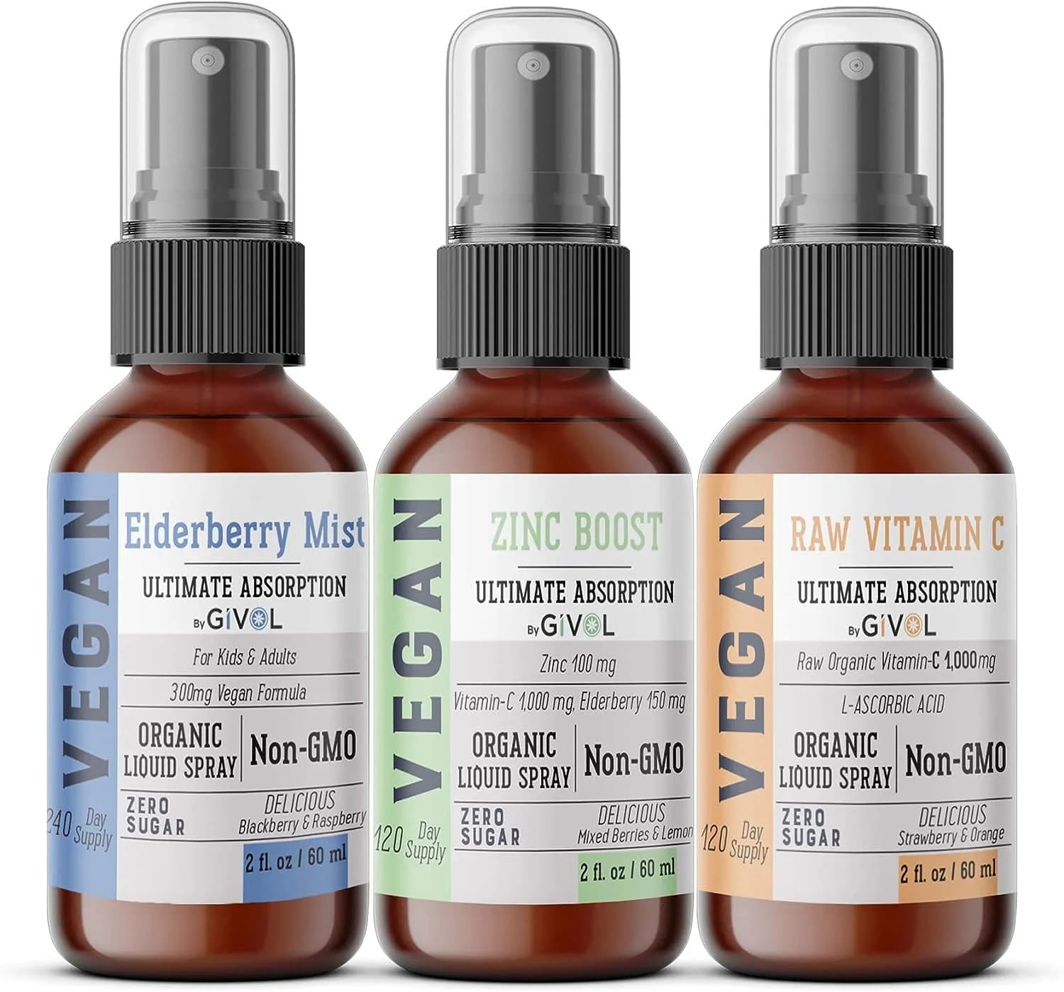 GIVOL immunity Pack Liquid Vitamins (Pack of 3) Zinc Picolinate, L-Ascorbic Acid & Berry of Sambucus NIGRA- Natural Immune System Support - Vitamin C, Elderberry & Zinc- Vegan Non-GMO Gluten-Free