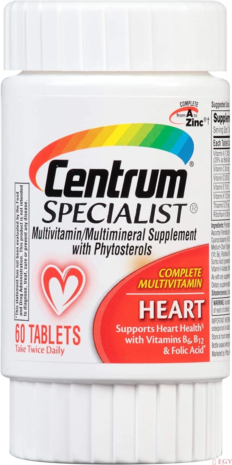 Centrum Specialist Heart Multivitamin/Multimineral Supplement with Super B Complex Vitamins, Antioxidants and Phytosterols - 60 Count سنتروم فيتامينات و معادن متعددة مع فيتامين ب المركب ، لصحة القلب ، 60 حباية