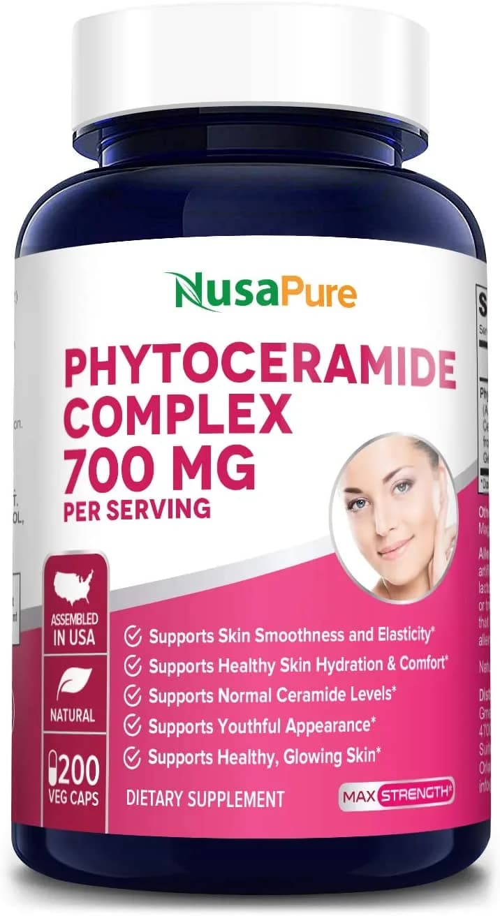 Nusapure Phytoceramides Complex 700mg 200 Veggie Capsules (Non-GMO) Powerful Skin Repair & Rejuvenation - All Natural Plant Derived Anti-Aging Powerhouse for Reduced Fine Lines & Wrinkles