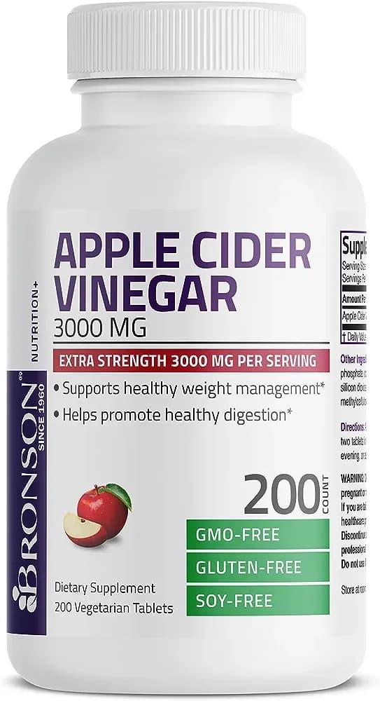 Bronson Apple Cider Vinegar 3000 MG per Serving Extra Strength - Non-GMO, 200 Vegetarian TabletsBronson Apple Cider Vinegar 3000 MG per Serving Extra Strength - Non-GMO, 200 Vegetarian Tabletsكبسولات خل التفاح للتخسيس ودعم صحة الجهاز الهضمي