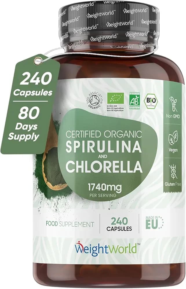 Organic Spirulina & Chlorella Capsules High Strength, 240 Vegan Capsules by WeightWorld