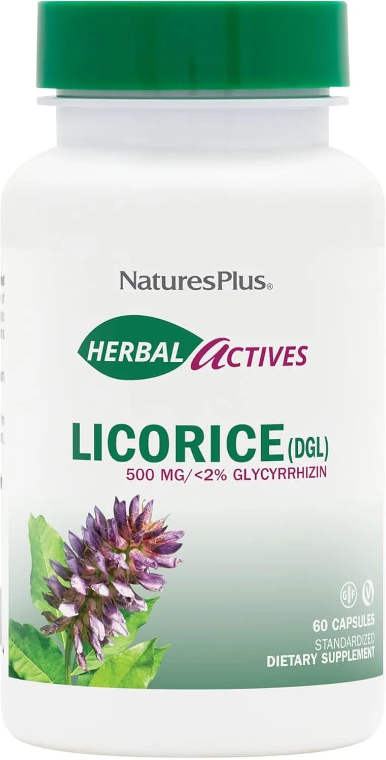 NaturesPlus Herbal Actives Licorice (DGL) Capsules - 500mg, 60 Vegan Supplements - Vegetarian, Gluten-Free - 60 Servings <BR/>  كبسولات عرق السوس العشبية من ناتشرز بلس - 500 ملجم، 60كبسولة