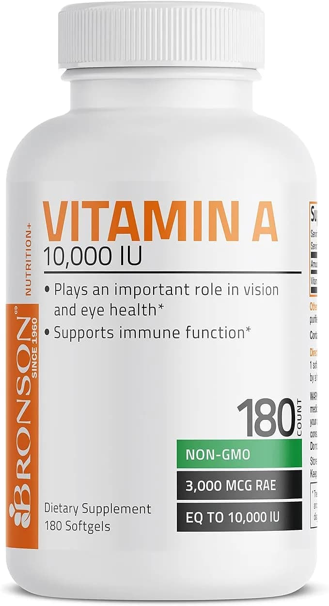 Bronson Vitamin A 10,000 IU Premium Non-GMO Formula Supports Healthy Vision & Immune System and Healthy Growth & Reproduction, 180 Softgels<BR/> برونسون فيتامين أ تركيز 10000 وحده دوليه لدعم صحة النظر والمناعه 180كبسوله