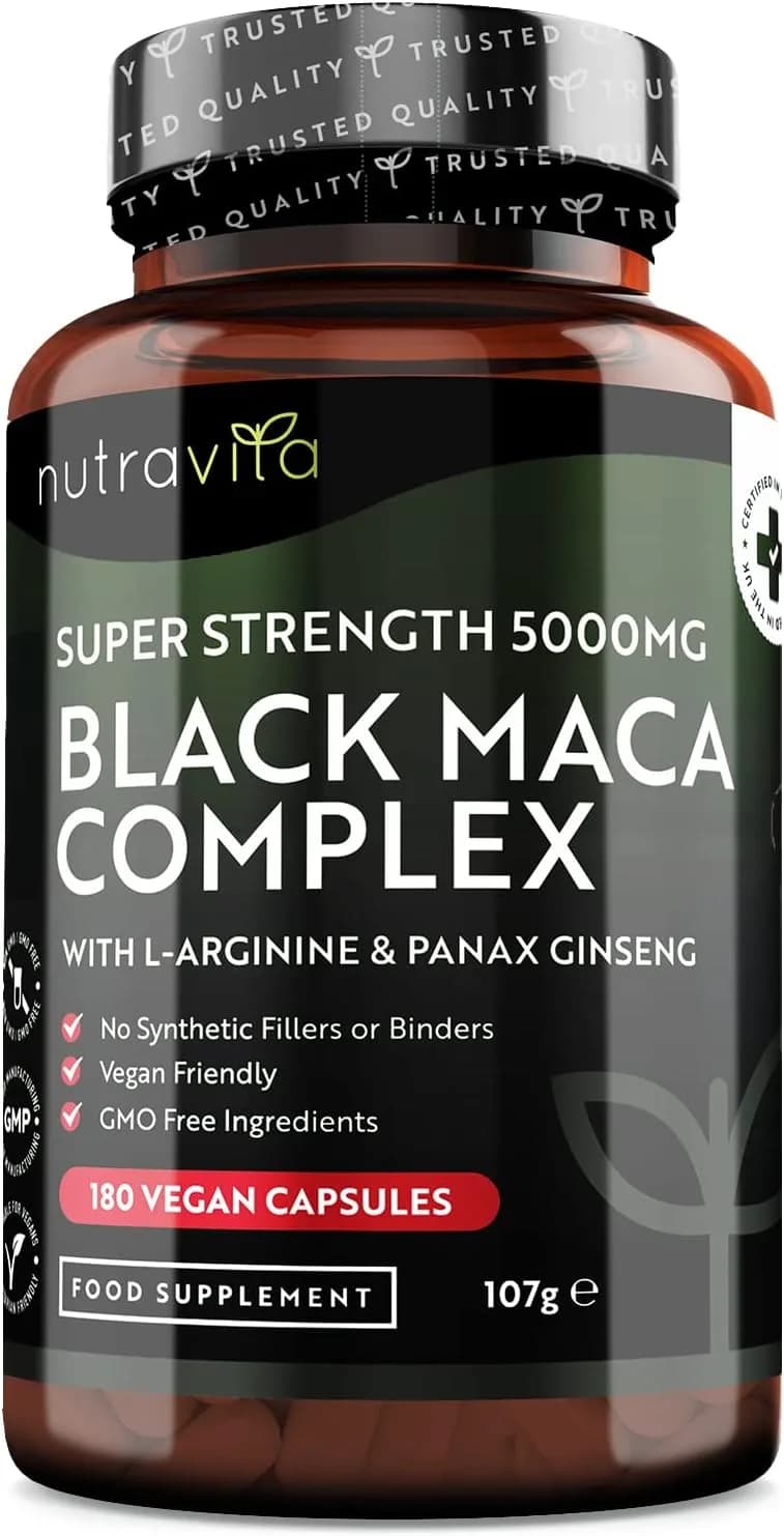 Nutravita Maca Root Capsules 5000mg (High Strength) – 180 Vegan Black (6 Month Supply) 100% Peruvian with L-Arginine, Panax Ginseng & Pepper