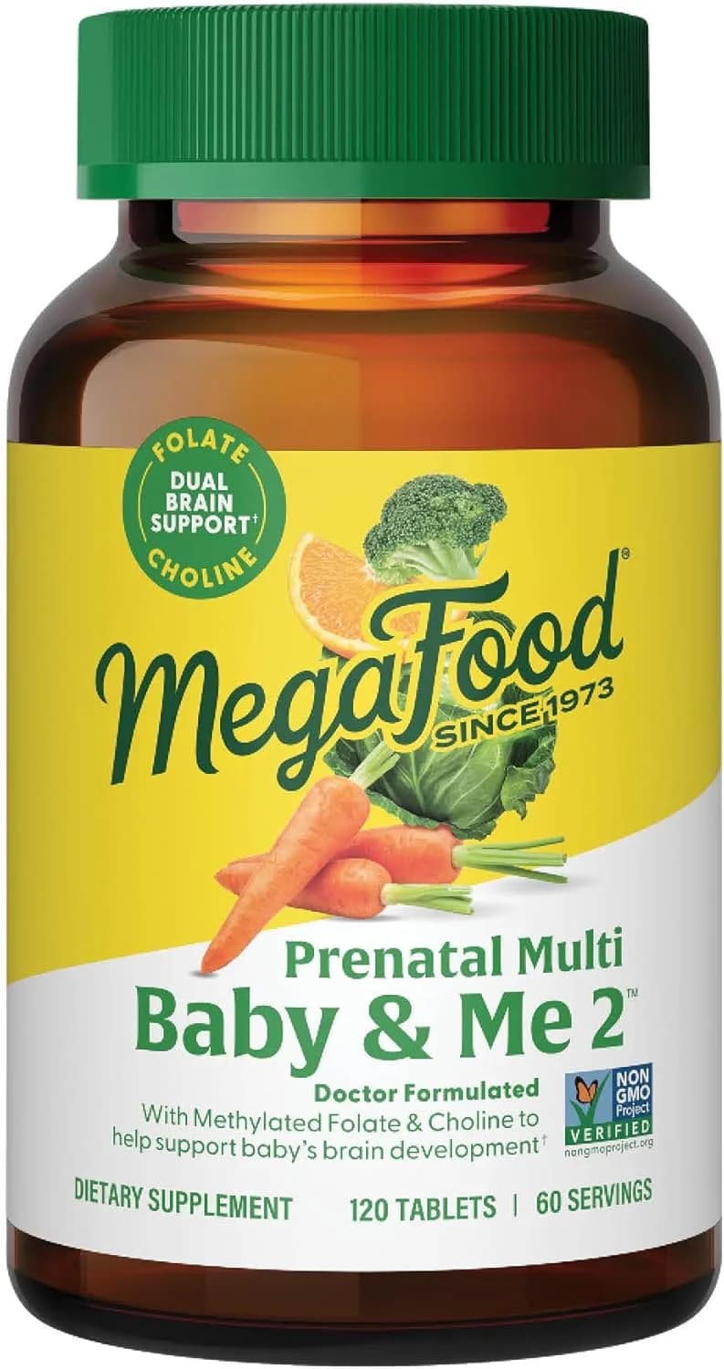 MegaFood, Baby & Me 2 Prenatal Multi, Prenatal and Postnatal Vitamin with Active Form of Folic Acid, Iron, Choline, Non-GMO, 120 Tablets ميجا فود ، بيبى وأنا2 _ فيتامينات متعددة للأمهات الحوامل و لنمو الجنين مع شكل نشط من حمض الفوليك والحديد والكولين ، 120 حباية