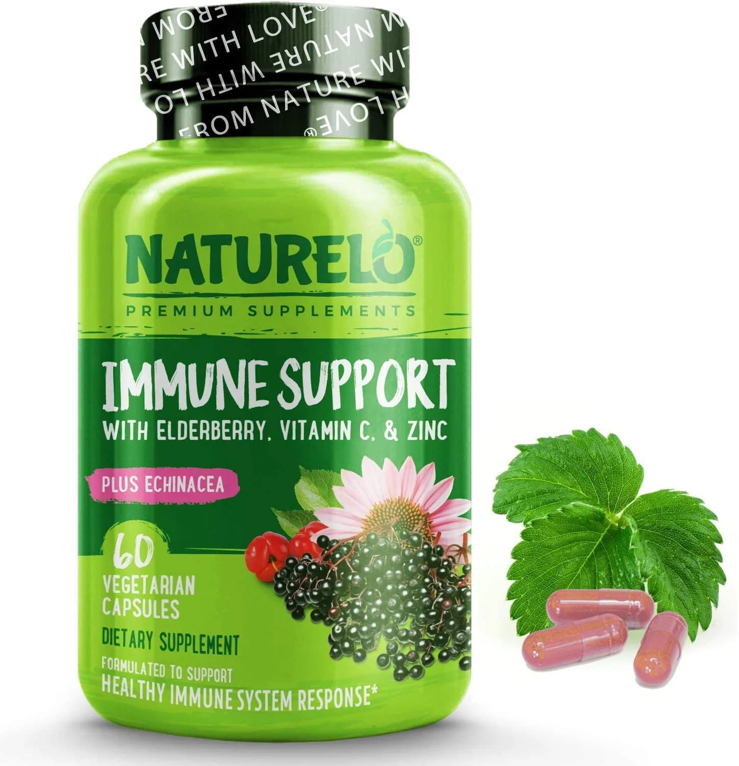 NATURELO Immune Support – Organic Vitamin C, Elderberry, Zinc, Plus Echinacea – Natural Immunity Boost w/ Antioxidant, Herbal & Mineral Defense - 60 Vegan Capsules ناتشريلو لدعم المناعة طبيعيا ، فيتامين ج العضوى مع إلديربيرى و اشنسيا والزنك ، مضاد للأكسدة ، 60 كبسولة نباتية