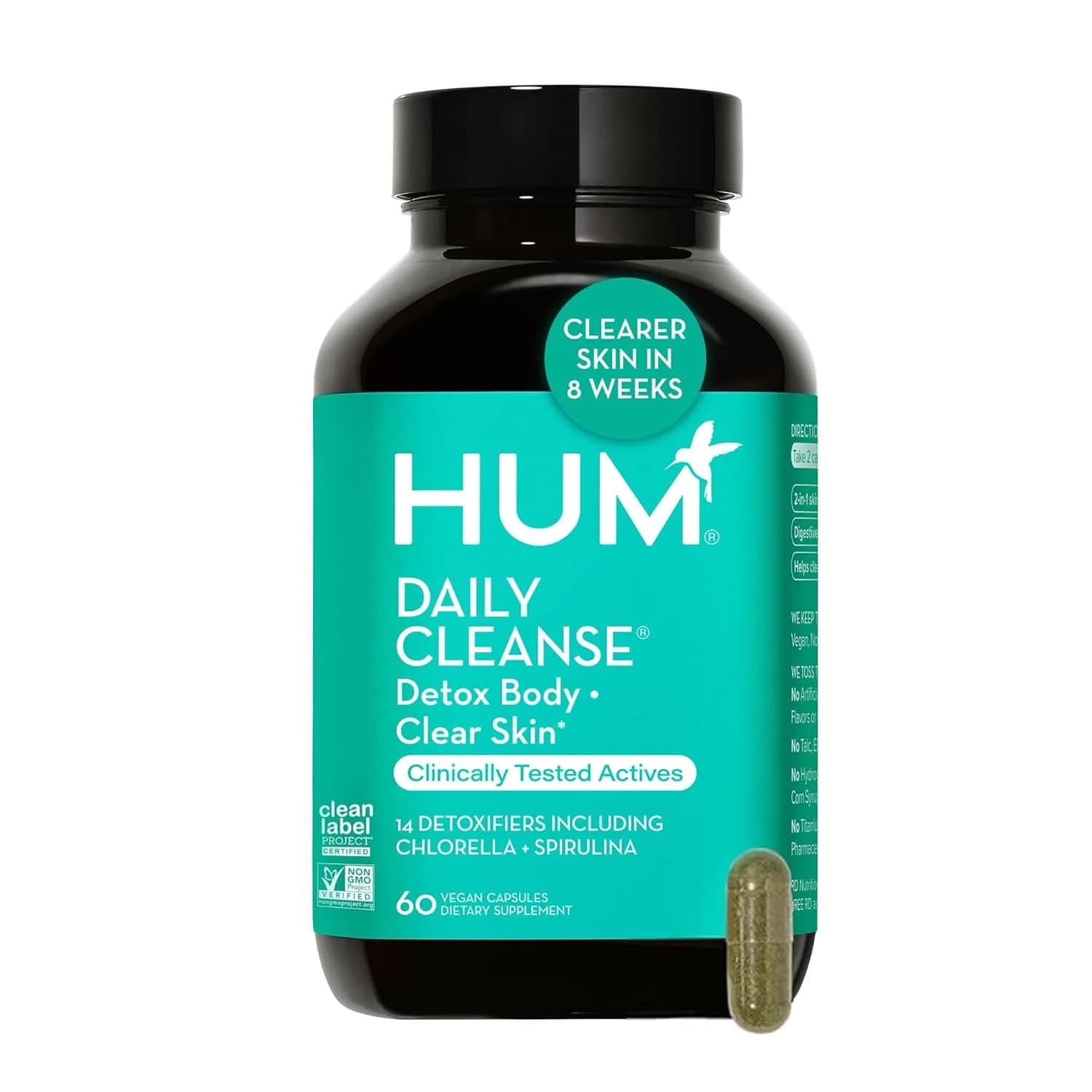 HUM Daily Cleanse Acne Supplement - Gut Cleanse Detox for Clear Skin with Organic Algae, Assists in natural cleansing processesing Herbs, Zinc & Spirulina | Clear Skin Supplement (60 Capsules)