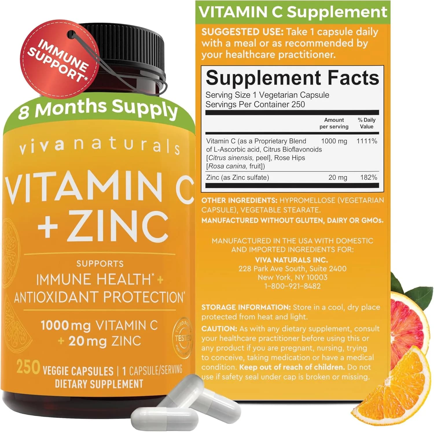Vitamin C + Zinc /20mg, 1000 mg, 250 Veg Capsules by Viva Naturals