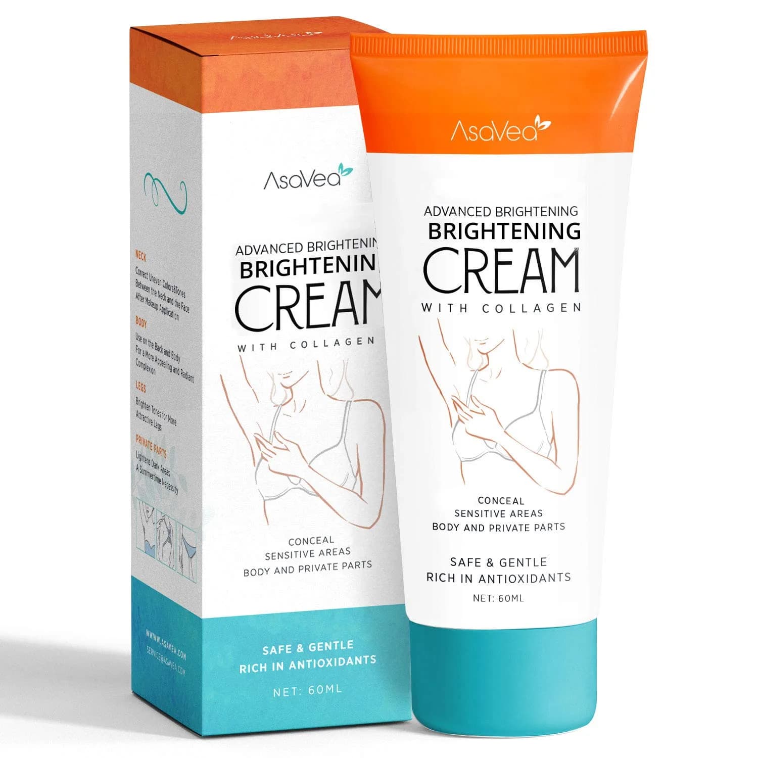 AsaVea Whitening Cream for Armpits, Intimate Parts, Between Legs - with Collagen - Effective Lightening Cream - Brightens, Nourishes, Moisturizes Underarm, and Bikini Area كريم التفتيح بالكولاجين ، لتفتيح وترطيب تحت الابط وبين الارجل