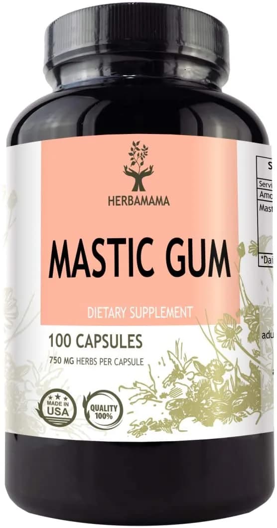 HERBAMAMA Mastic Gum 100 Capsules 750 mg | Supports Digestive System | Antioxidant | Promotes Circulatory Health | Anti-Inflammatory لبان المستكه 750 مجم _ لصحة الجهاز الهضمى ، ومضاد للأكسدة ومضاد للإلتهابات لصحة القلب والدورة الدموية ، 100 كبسولة