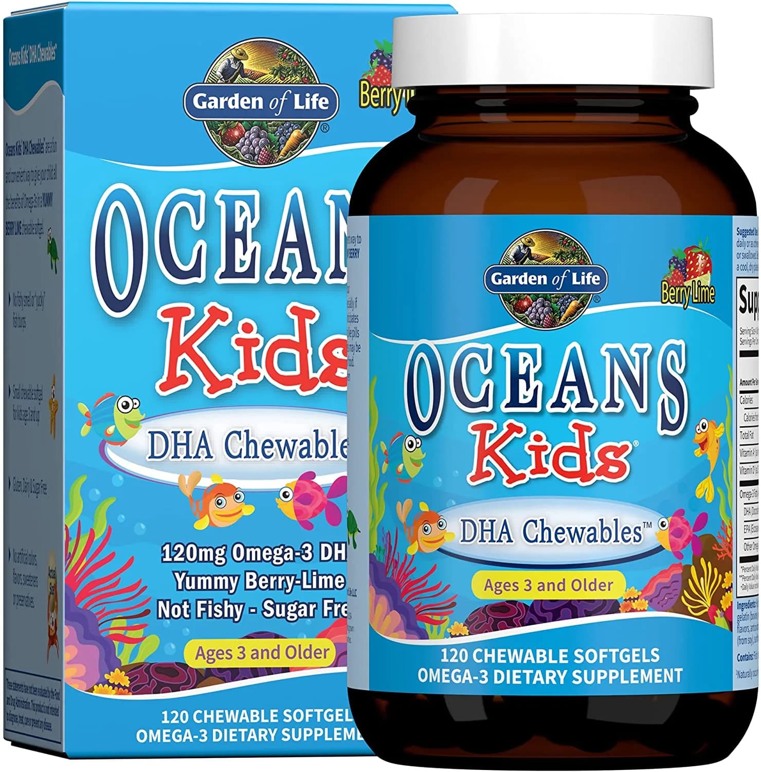 Garden of Life Fish Oil Omega 3 for Kids - Oceans Kids DHA Cod Liver Oil Chewable Softgels - Berry Lime, 120mg, EPA, Vitamin A, D3 - Sugar Free Fish Oil Supplement, Multi, 120 Count