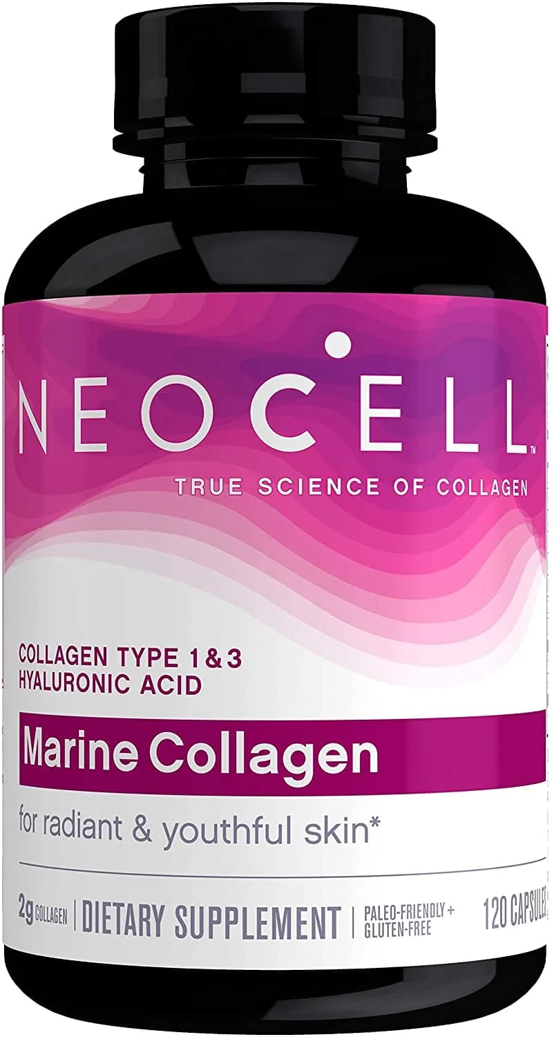 Neocell Marine Collagen, 120ct Collagen Pills with Hyaluronic Acid, Vitamin C, Magnesium, B6, B12, Zinc, and Protein, Hydrates Skin (Packaging May Vary) كولاجين بحرى (كولاجين 1 ،3) + حمض الهالورونيك وفيتامين ج وفيتامين ب6 وفيتامين ب12، لصحة الجلد والشعر ، 120 كبسولة