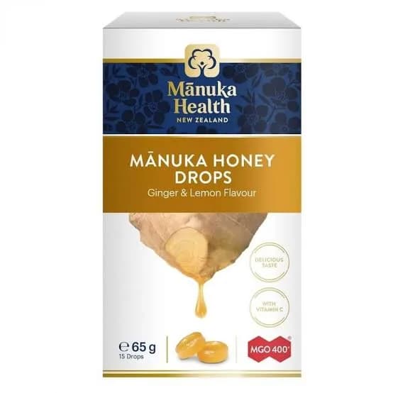 Manuka Health-Manuka Honey Drops Ginger & Lemon MGO 400+ 15 Drops 65g مانوكا هيلس قطرات عسل نحل مانوكا مع الزنجبيل والليمون 400+ م ج أو ، 65 جرام
