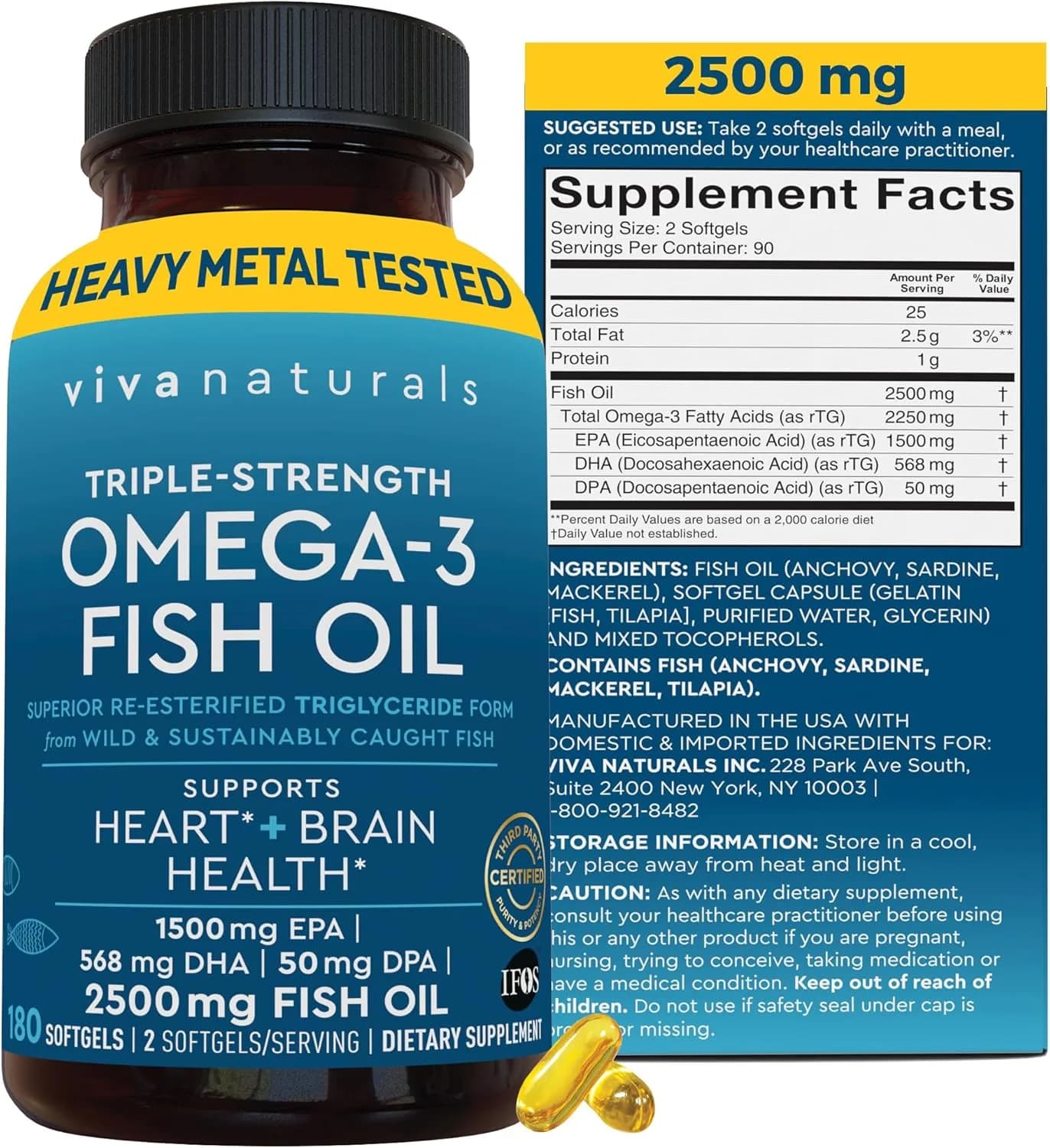 Viva Naturals Omega 3 Fish Oil Supplement for Women and Men – 180 Softgels
