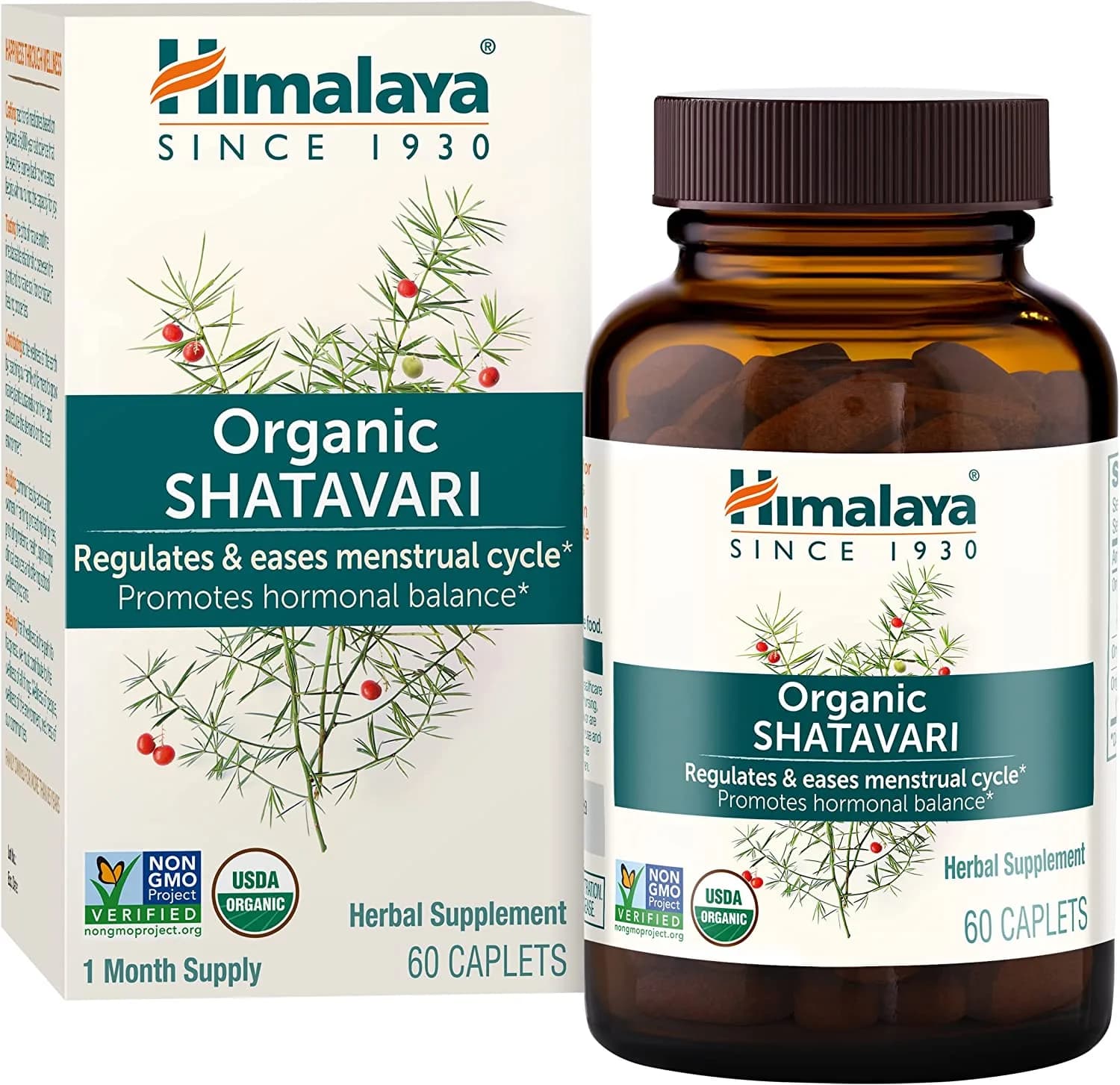 Himalaya Organic Shatavari for PMS, Menstrual Cramp Relief, Menopause Support, and Women's Health, 1,300 mg, 60 Caplets, 1 Month Supply