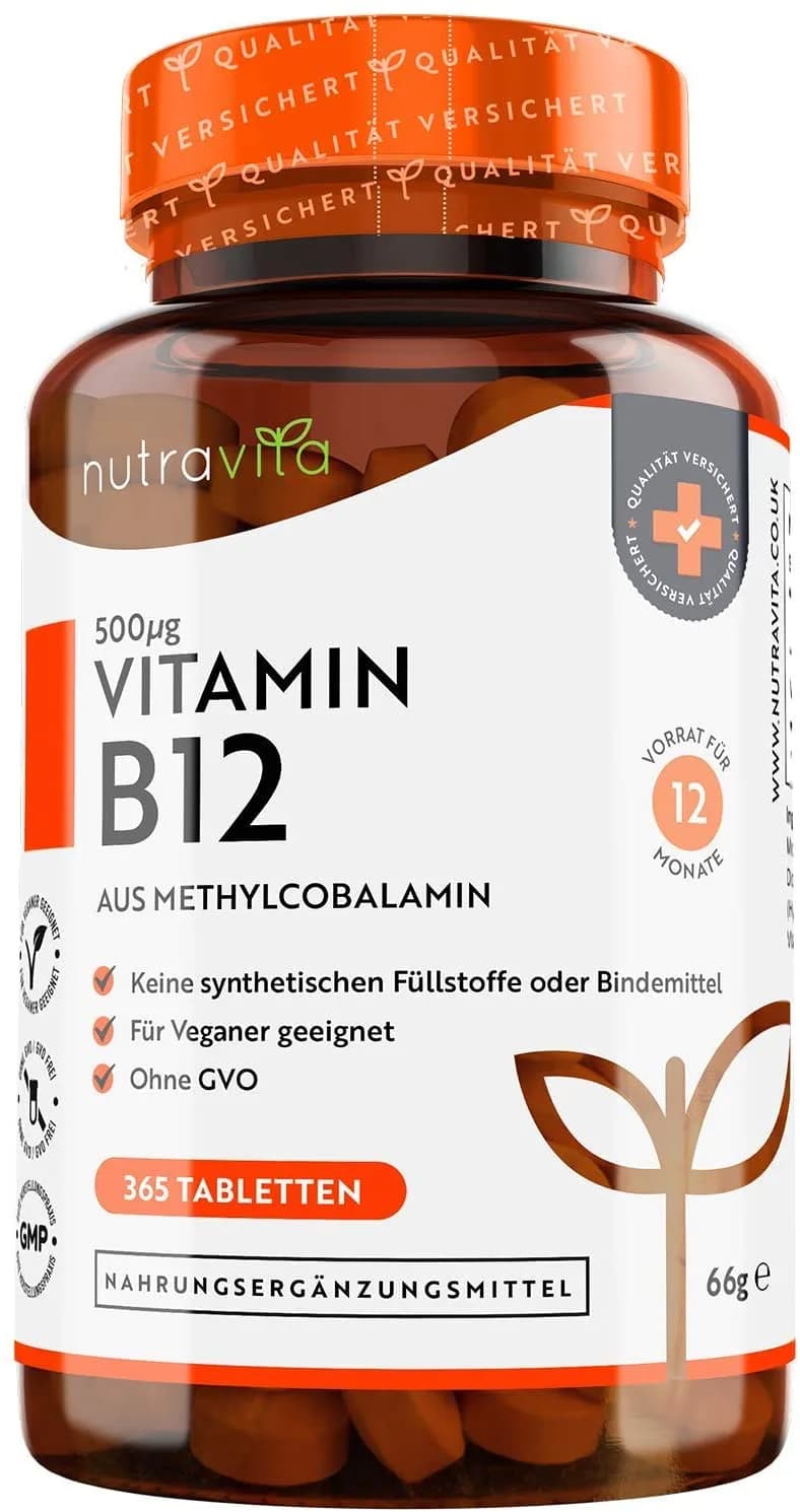 Nutravita Vitamin B12 500mcg - 365 tablets (1 year supply) of vegan methylcobalamin - tested and certified in Germany - helps reduce fatigue <BR/>فيتامين ب12 ، 500 ميكروجرام للحباية لصحة الجهاز العصبى وتقليل التعب 365 حباية