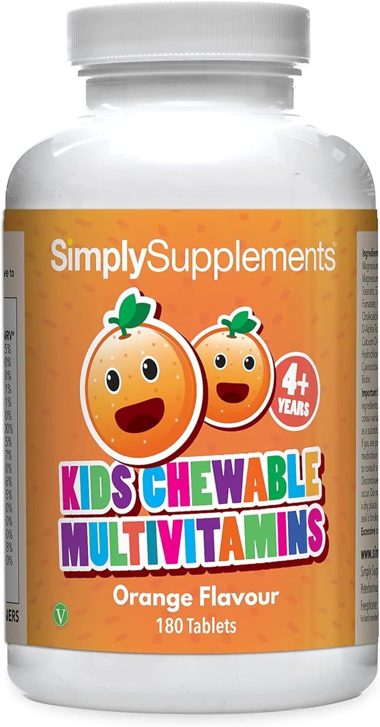 Children's Multivitamins | Vitamins A, B1, B2, B3, B6, B7, B9, B12, C, D & E | Age 4-12 Years | Chewable Orange Flavour