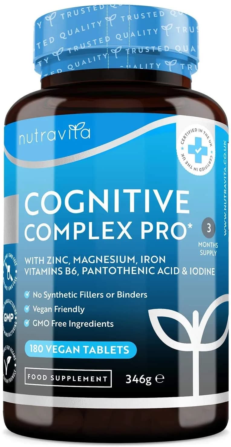 Nutravita Cognitive Complex Pro - with Zinc, Iron, Magnesium, Pantothenic Acid, Vitamin B6, Iodine - for Normal Cognitive Function - 180 Vegan Tablets— Made in The UK by Nutravita المركب المعرفى برو مع الحديد والزنك والماغنيسيوم واليود وفيتامين ب5 وفيتامين ب6 ، لتحسين الوظائف المعرفية ، 180حباية